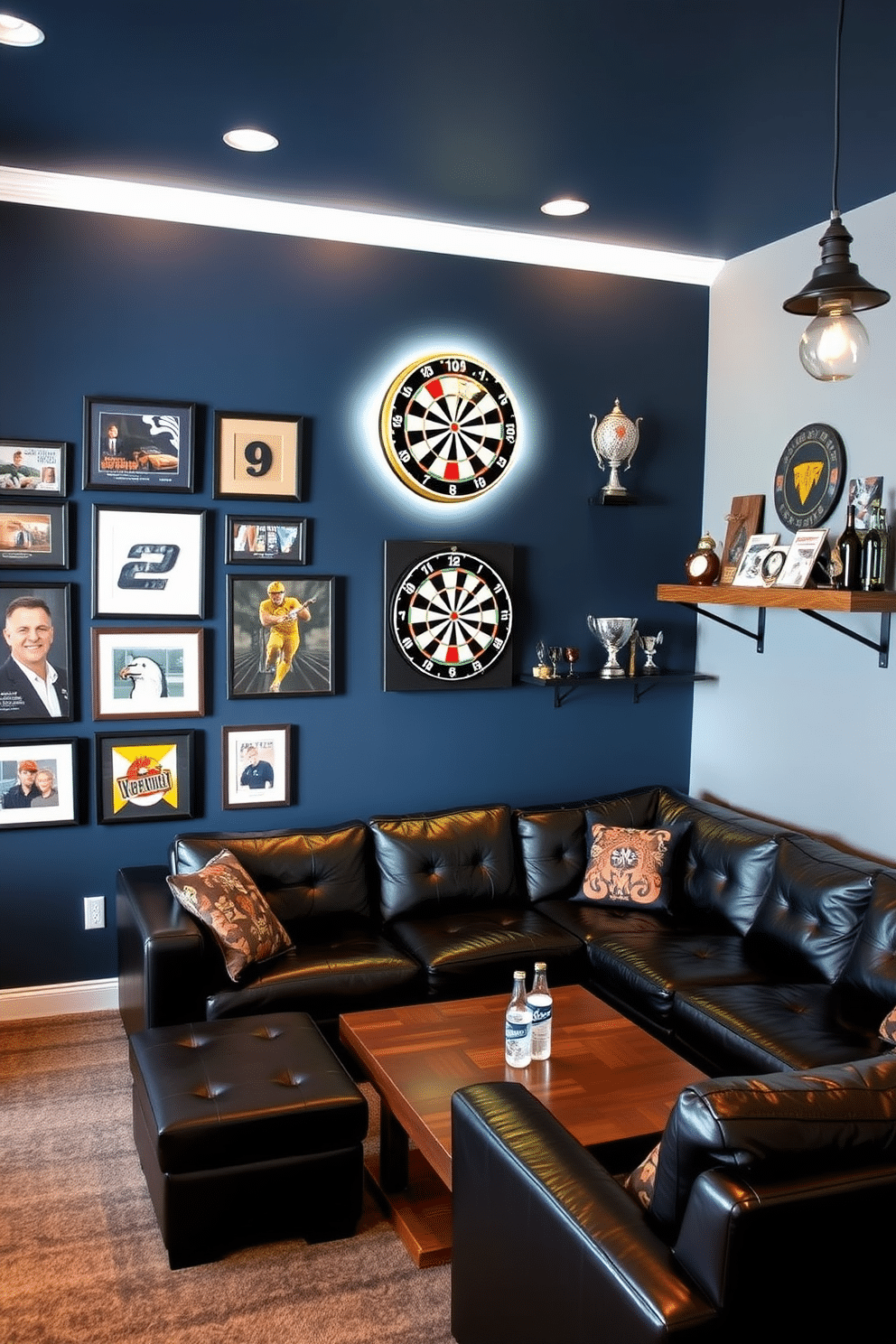 A stylish game wall features a custom dartboard surrounded by framed sports memorabilia and ambient lighting. The walls are painted in a deep navy blue, complemented by a sleek wooden shelf displaying various dart sets and trophies. In the center of the room, a plush sectional sofa in dark leather invites relaxation, while a rustic coffee table adds character. The space is accented with industrial-style pendant lights and a mini bar stocked with drinks, creating the perfect atmosphere for entertaining friends.