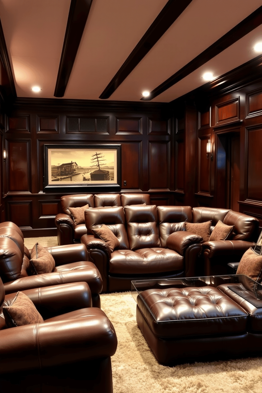 A luxurious man cave featuring rich leather seating in deep shades of brown, complemented by dark wood accents throughout the space. The walls are adorned with dark paneling, and a plush area rug anchors the seating area, creating an inviting atmosphere for relaxation and entertainment.