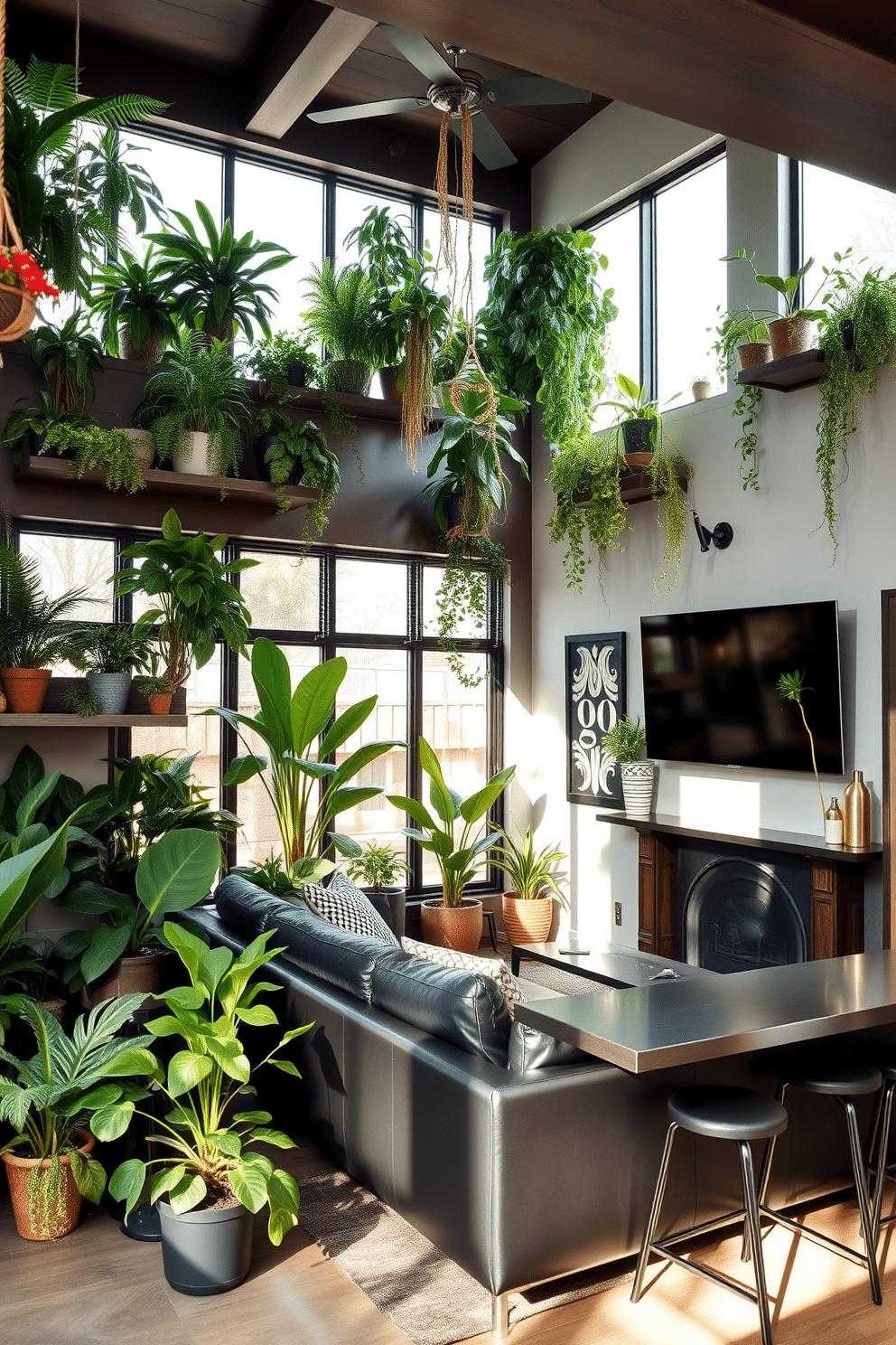 A cozy indoor space filled with lush greenery, featuring various indoor plants like ferns, snake plants, and pothos arranged on floating shelves and in decorative pots. Natural light streams in through large windows, creating a refreshing and vibrant atmosphere that enhances the overall aesthetic of the room. A stylish Black man cave designed for relaxation and entertainment, showcasing a plush leather sectional sofa, a large flat-screen TV mounted on the wall, and a sleek bar area with high stools. Dark wood accents and bold artwork reflect personal style, while ambient lighting adds a warm and inviting touch to the space.