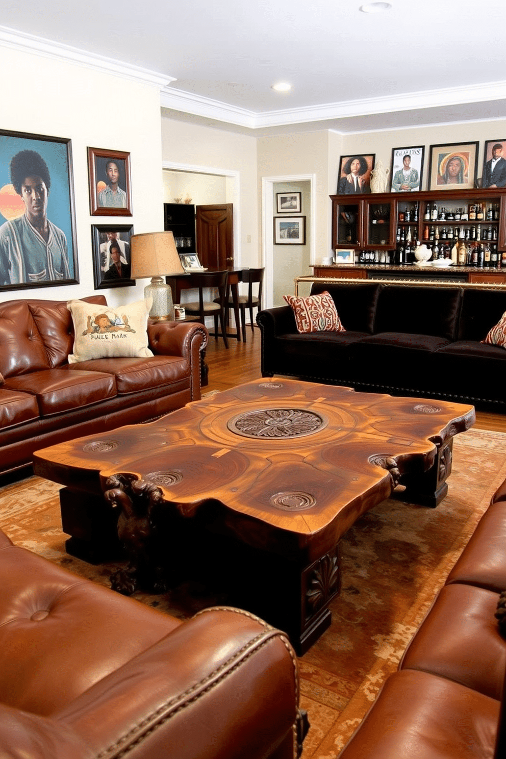 Artisan-crafted furniture pieces are showcased in a cozy living room, featuring a custom-made wooden coffee table with intricate carvings at its center. Surrounding the table are plush, hand-stitched leather sofas in rich earth tones, complemented by a vintage rug that adds warmth to the space. The Black Man Cave is designed with a blend of modern and classic elements, featuring a large sectional sofa upholstered in dark velvet. A sleek bar area with custom cabinetry holds an array of spirits, while framed artwork celebrating Black culture adorns the walls, creating a vibrant and inviting atmosphere.