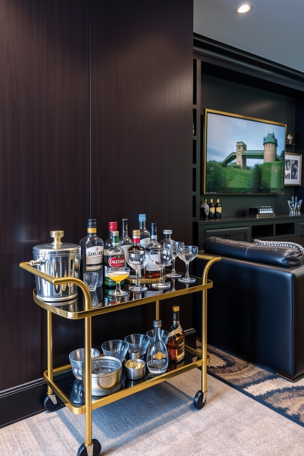 A stylish personal bar cart is set against a dark wood wall, showcasing an array of signature drinks in elegant glassware. The cart features a polished brass frame, with a selection of premium spirits and mixers artfully arranged alongside a decorative ice bucket. The man cave is designed with a rich color palette of deep blues and charcoal grays, featuring a plush leather sectional and a custom-built entertainment center. Ambient lighting highlights the unique artwork and memorabilia displayed on the walls, creating a cozy yet sophisticated atmosphere.