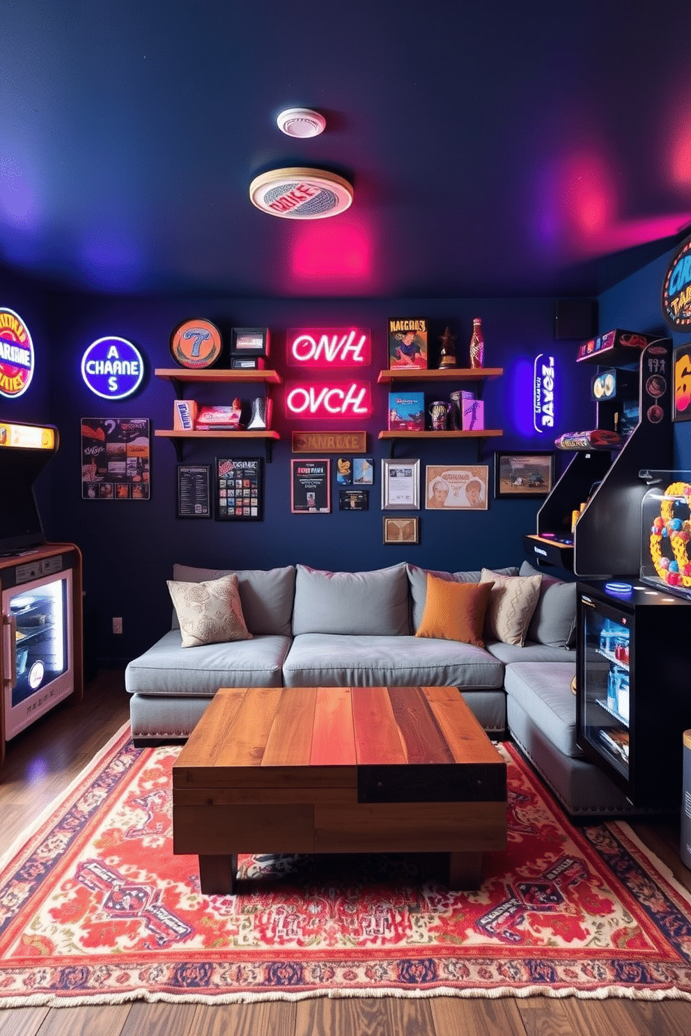 A cozy man cave featuring vintage arcade games, with a retro-inspired color palette of deep blues and warm wood tones. The space includes a plush sectional sofa, a coffee table made from reclaimed wood, and wall-mounted shelves displaying classic arcade game memorabilia. The room is illuminated by soft, ambient lighting and neon signs that evoke a sense of nostalgia. A vintage rug anchors the seating area, while a mini-fridge stocked with snacks and drinks adds to the relaxed atmosphere.