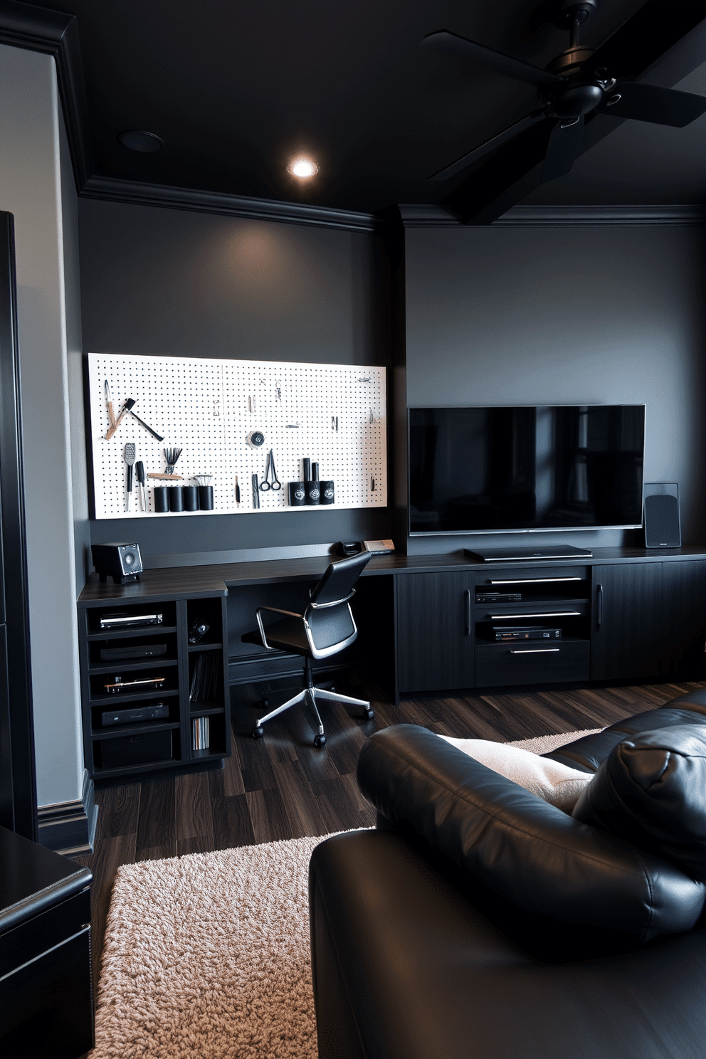 A stylish home office featuring innovative storage solutions. The room includes a sleek desk with built-in shelves, complemented by a wall-mounted pegboard for organizing supplies. A modern black man cave designed for relaxation and entertainment. The space features a plush leather sectional, a large flat-screen TV mounted above a minimalist console, and dark wood accents throughout.