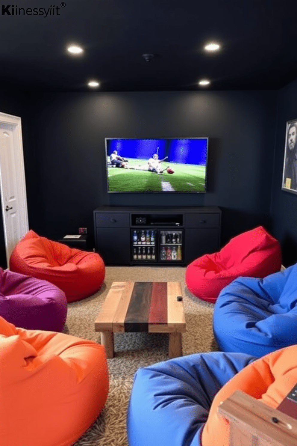 Comfortable bean bags for casual seating. The space features oversized, plush bean bags in vibrant colors, arranged around a low coffee table made of reclaimed wood. Black man cave design ideas. The room is adorned with dark walls, featuring a large flat-screen TV mounted above a sleek black entertainment unit, complemented by a mini fridge stocked with beverages.