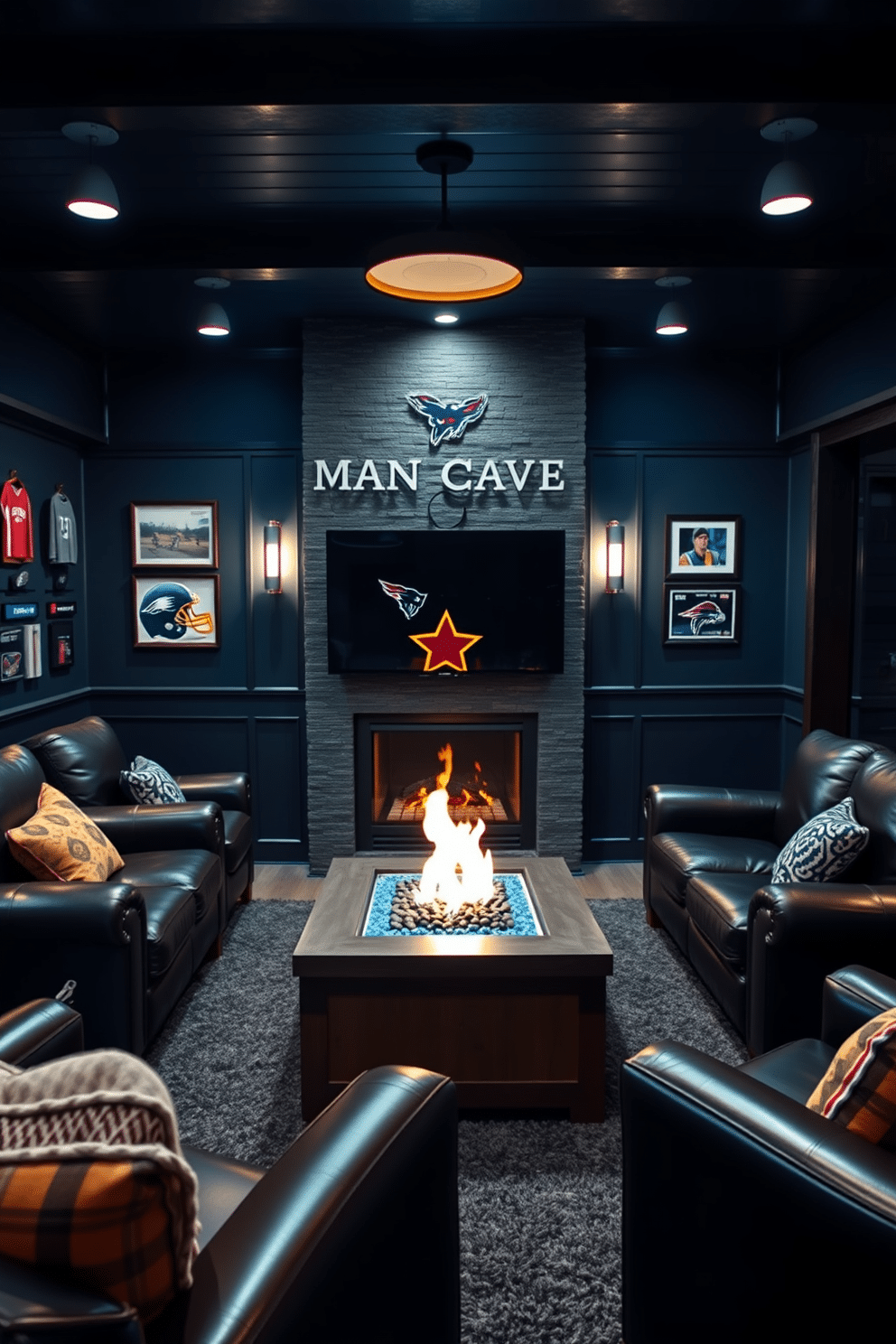 A stylish man cave featuring a sleek fireplace as the focal point, surrounded by comfortable leather seating and dark wood accents. The walls are adorned with sports memorabilia and art, while ambient lighting creates a cozy atmosphere for relaxation and entertainment. In one corner, a modern fire pit adds warmth and charm, perfect for gathering with friends. Rich, deep colors like navy blue and charcoal gray dominate the space, complemented by plush rugs and a large flat-screen TV for the ultimate viewing experience.