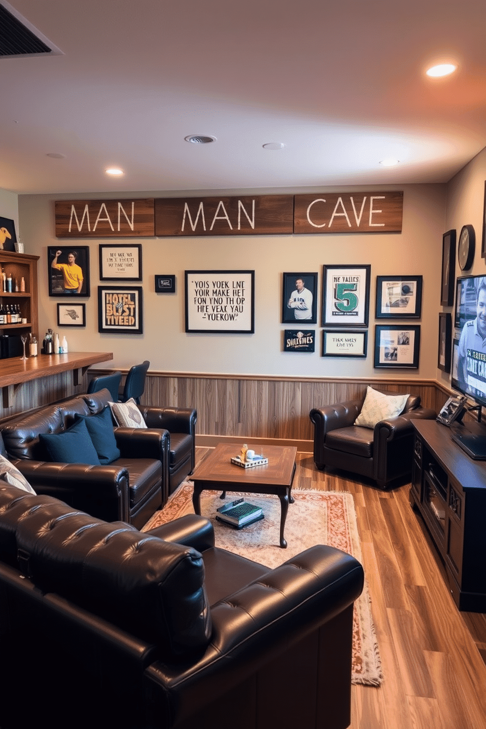 A stylish man cave featuring customized signage displaying personal quotes that reflect the owner's personality. The space incorporates rich leather seating, a rustic wooden bar, and ambient lighting to create a cozy yet sophisticated atmosphere. The walls are adorned with framed art and memorabilia that resonate with the owner's interests, enhancing the personal touch of the room. A plush area rug anchors the seating arrangement, while a sleek entertainment center houses the latest technology for the ultimate viewing experience.