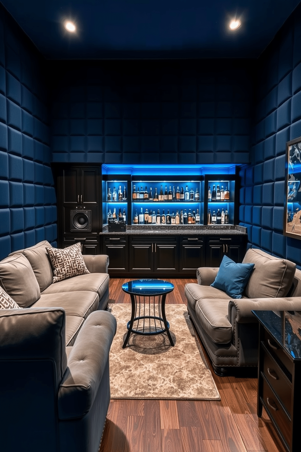 A soundproofed man cave designed for ultimate immersion. The walls are lined with acoustic panels in deep blue, complemented by plush, oversized furniture for comfort. A custom bar area features dark wood cabinetry and a polished granite countertop, with LED lighting highlighting the shelves stocked with premium spirits. The flooring is a rich, dark laminate, enhancing the cozy yet sophisticated atmosphere.