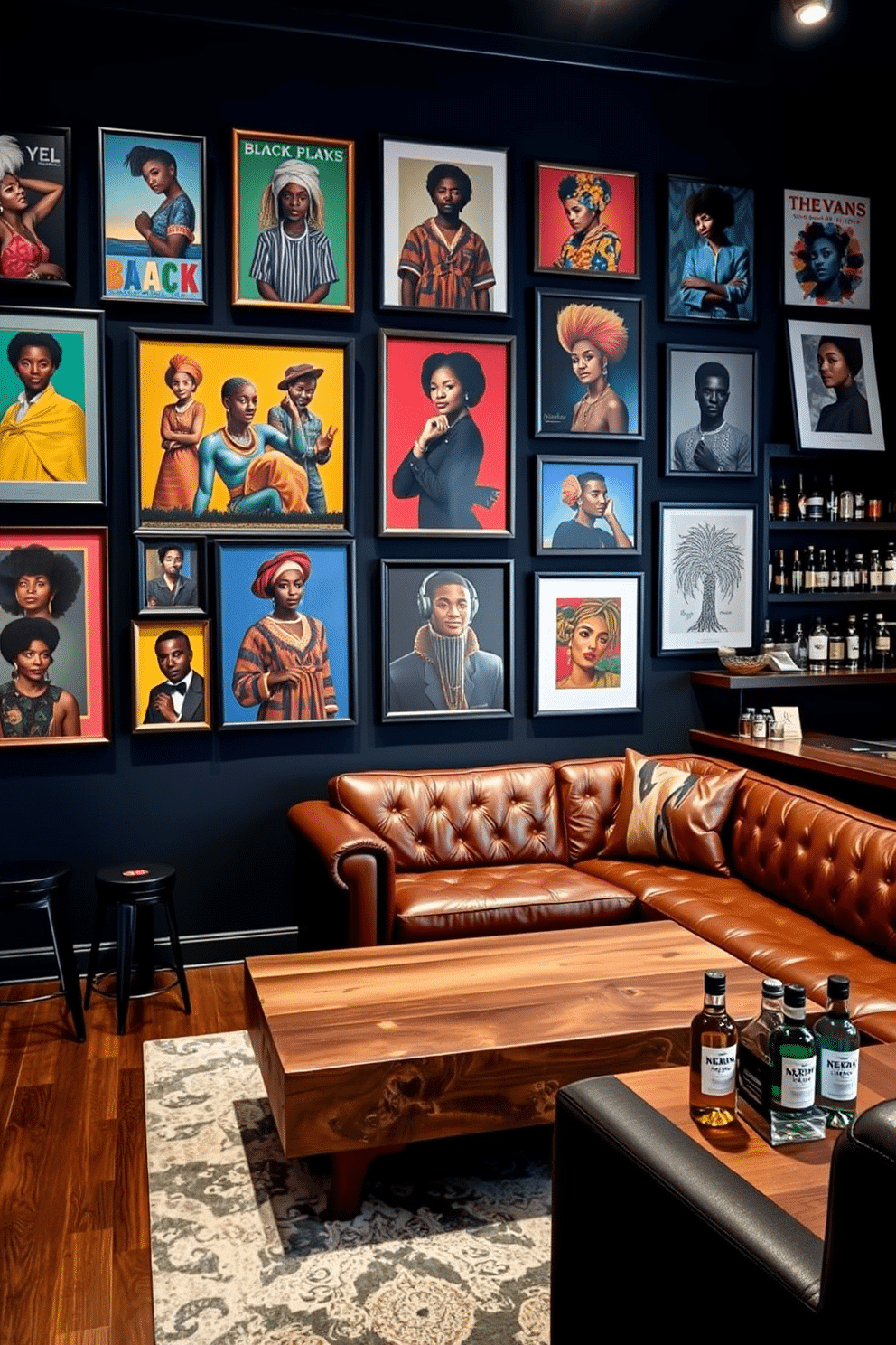 A striking gallery wall showcasing vibrant pieces of Black culture art, featuring a mix of framed paintings, photographs, and textile art that celebrate heritage and creativity. The wall is painted in a deep navy blue to enhance the colors of the artwork, with strategically placed spotlights illuminating each piece. A stylish Black man cave designed for relaxation and entertainment, featuring a plush leather sectional sofa in rich brown tones and a sleek coffee table made of reclaimed wood. The space is accented with bold graphic art and a custom bar area, complete with high-top stools and a selection of premium spirits displayed on open shelves.