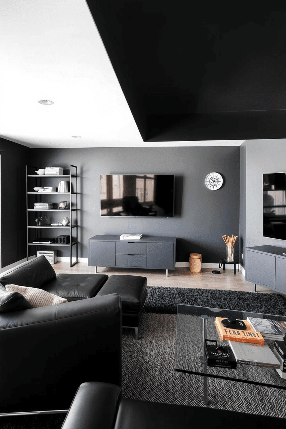 Sleek, modern design with minimal clutter. The space features a low-profile sectional sofa in dark leather, paired with a sleek glass coffee table and minimalist decor elements. Black Man Cave Design Ideas. The walls are painted in a deep matte black, complemented by industrial-style shelving and a large flat-screen TV mounted above a stylish media console.