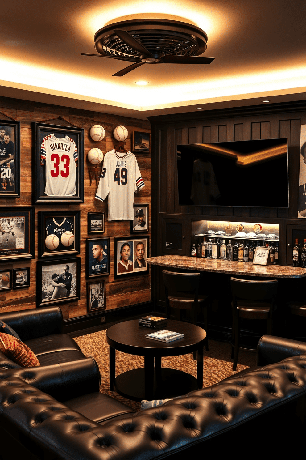 A vintage sports memorabilia display area featuring a reclaimed wood wall showcasing framed jerseys, autographed baseballs, and vintage photographs of legendary athletes. The space is illuminated by warm, ambient lighting, creating a nostalgic atmosphere that invites conversation and admiration. A stylish Black Man Cave designed with deep leather seating and a custom-built bar area. The walls are adorned with dark wood paneling and bold artwork celebrating African American culture, while a large flat-screen TV is mounted above the bar for the ultimate entertainment experience.