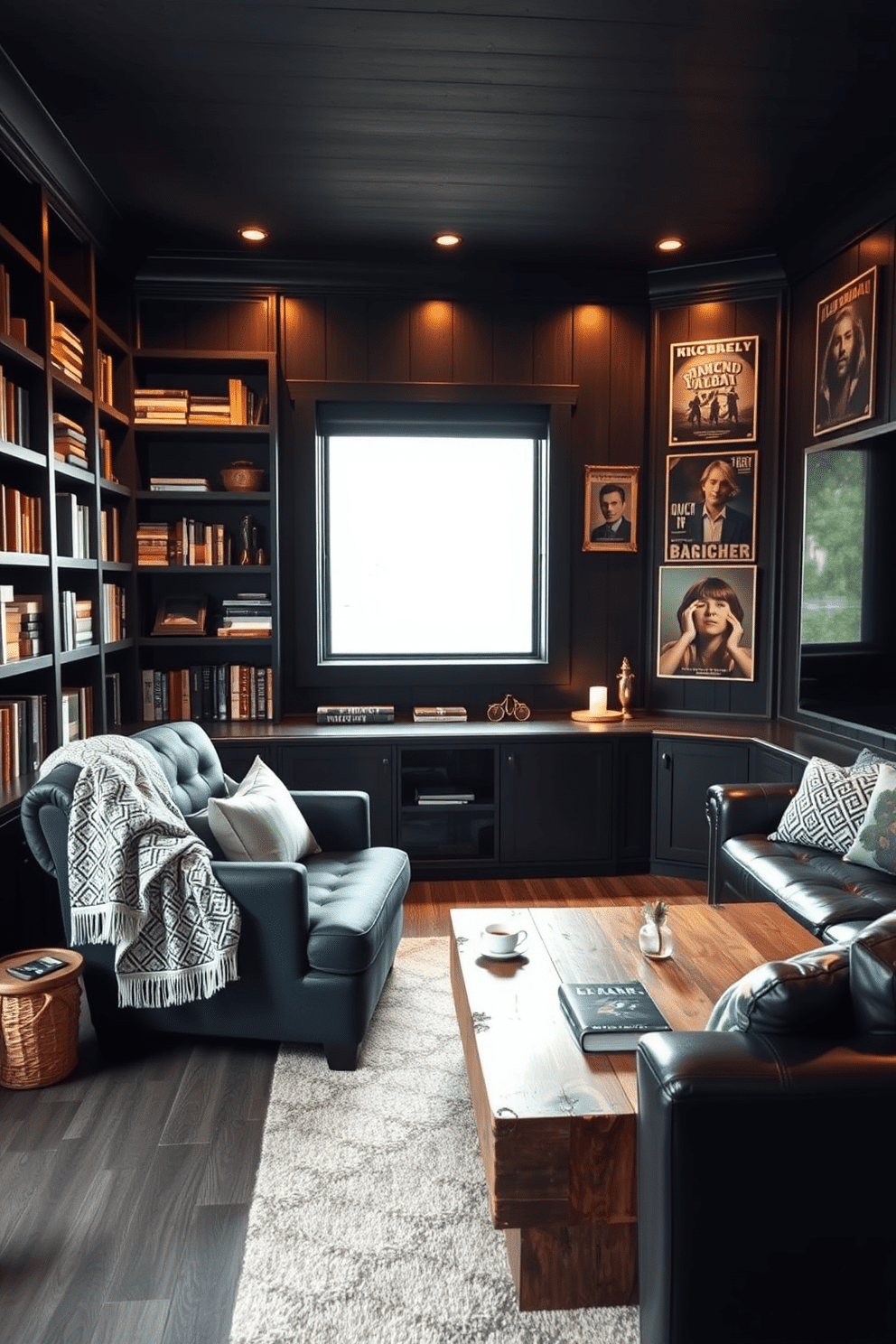 Cozy reading nook with bookshelves. A plush armchair in a deep navy fabric is positioned next to a large window, allowing natural light to flood the space. Surrounding the chair, built-in bookshelves are filled with an eclectic mix of books and decorative items, creating an inviting atmosphere. A soft, patterned throw blanket drapes over the armchair, and a small side table holds a steaming cup of tea. Black Man Cave Design Ideas. The room features dark wood paneling and a sleek black leather sectional sofa that invites relaxation. A custom-built entertainment unit houses a large flat-screen TV, surrounded by ambient lighting that enhances the moody vibe. Vintage posters adorn the walls, and a rustic coffee table made from reclaimed wood adds character to the space.