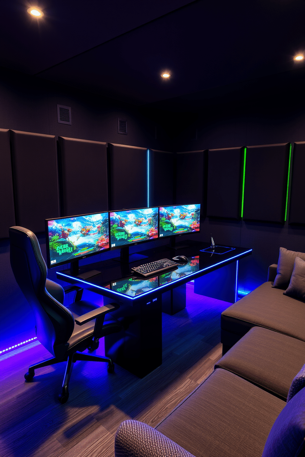 A high-tech gaming station features a sleek black desk equipped with multiple monitors displaying vibrant game graphics. LED lights in various colors illuminate the space, creating an immersive atmosphere that enhances the gaming experience. The walls are adorned with soundproof panels in dark shades, providing both style and functionality. Plush seating options, such as a gaming chair and a cozy sectional, invite relaxation while enjoying intense gaming sessions.