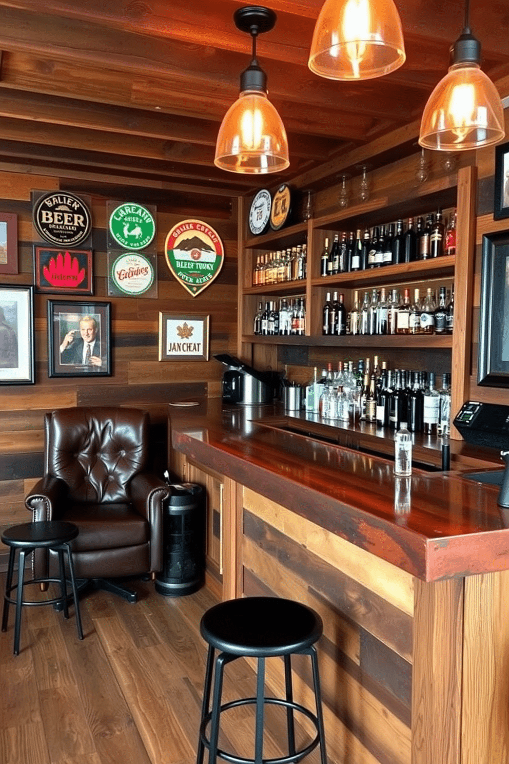 A rustic bar featuring reclaimed wood finishes, with a polished wooden countertop and open shelving displaying an array of spirits and glassware. The walls are adorned with vintage beer signs, and warm pendant lights cast a cozy glow over the space. In the corner, a leather lounge chair invites relaxation, complemented by a small side table crafted from an old whiskey barrel. Dark accents, such as a black metal bar stool and framed artwork, enhance the masculine vibe of this stylish man cave.