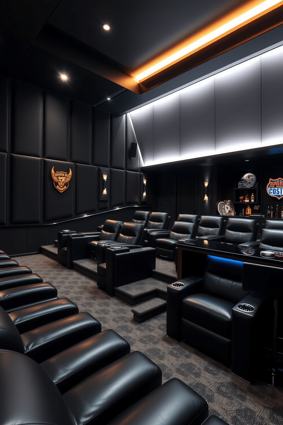 A luxurious home theater setup featuring plush, oversized leather seating arranged in a tiered layout for optimal viewing. The walls are adorned with dark acoustic panels, and ambient LED lighting highlights the space, creating a cozy yet sophisticated atmosphere. Incorporating Black Man Cave design ideas, the room showcases a bold color palette of deep grays and rich blacks. A custom-built bar with stylish stools and a selection of vintage sports memorabilia adds a personal touch to the space.