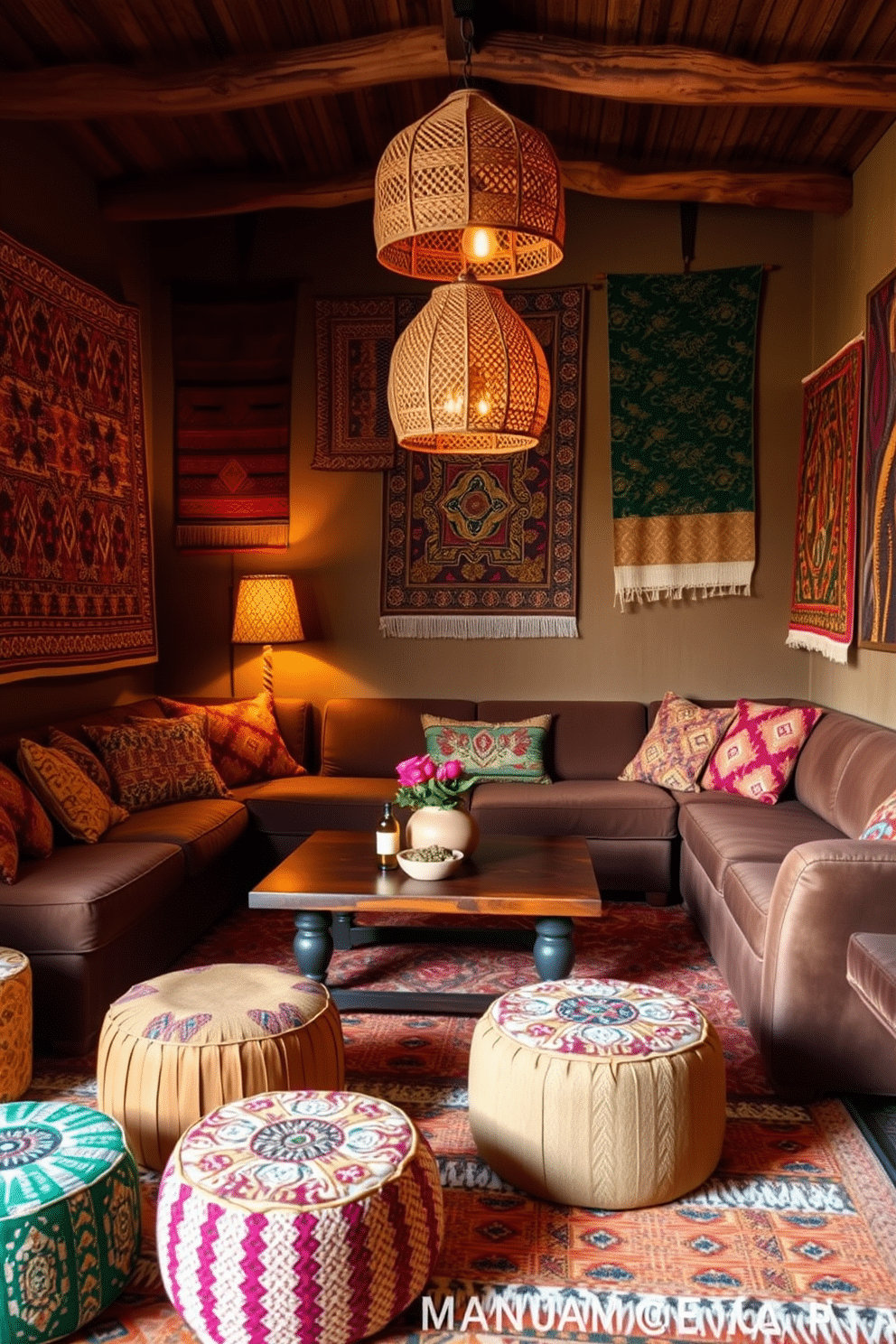 A cozy man cave featuring rich African textiles and patterns. The walls are adorned with vibrant fabric hangings, showcasing traditional prints, while a plush sofa in deep earth tones invites relaxation. In the center, a handcrafted wooden coffee table is surrounded by patterned poufs for additional seating. Ambient lighting from woven pendant lamps creates a warm, inviting atmosphere, perfect for entertaining or unwinding.