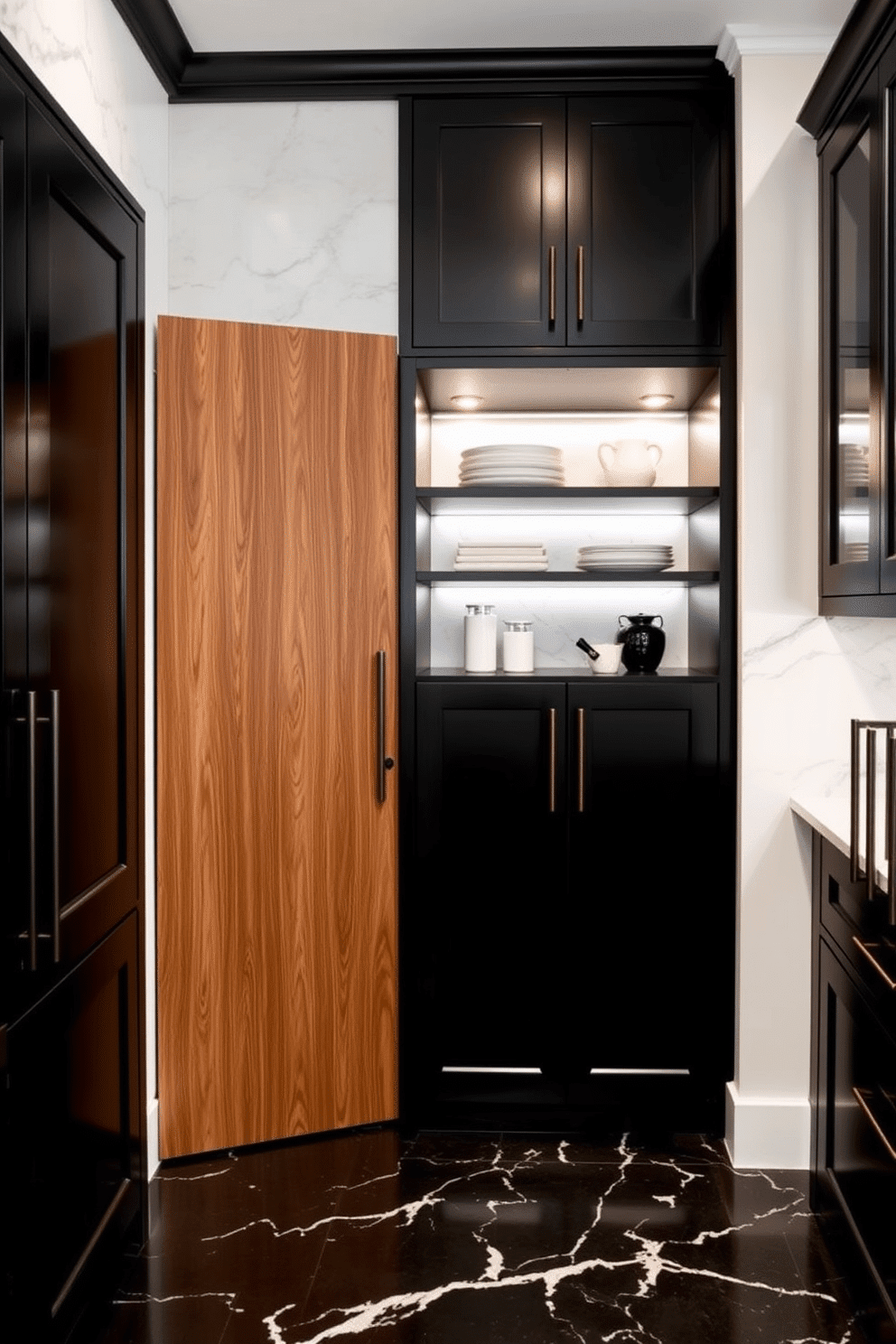 Elegant black cabinetry with marble countertops creates a striking contrast in a modern kitchen. The sleek lines of the cabinetry are complemented by the luxurious veining of the marble, enhancing the overall sophistication of the space. Incorporating open shelving within the black pantry design allows for stylish display and easy access to essentials. A warm wood accent on the pantry door adds a touch of warmth and richness, balancing the boldness of the black cabinetry.