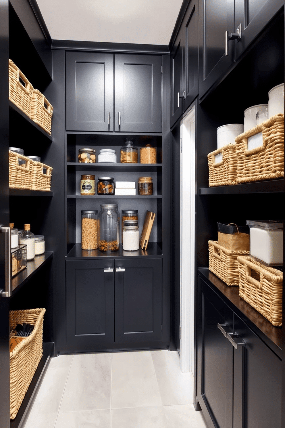 A stylish black pantry features sleek cabinetry with a matte finish, complemented by woven baskets for a touch of warmth. The shelves are organized with a mix of glass jars and decorative containers, creating an inviting and functional space.