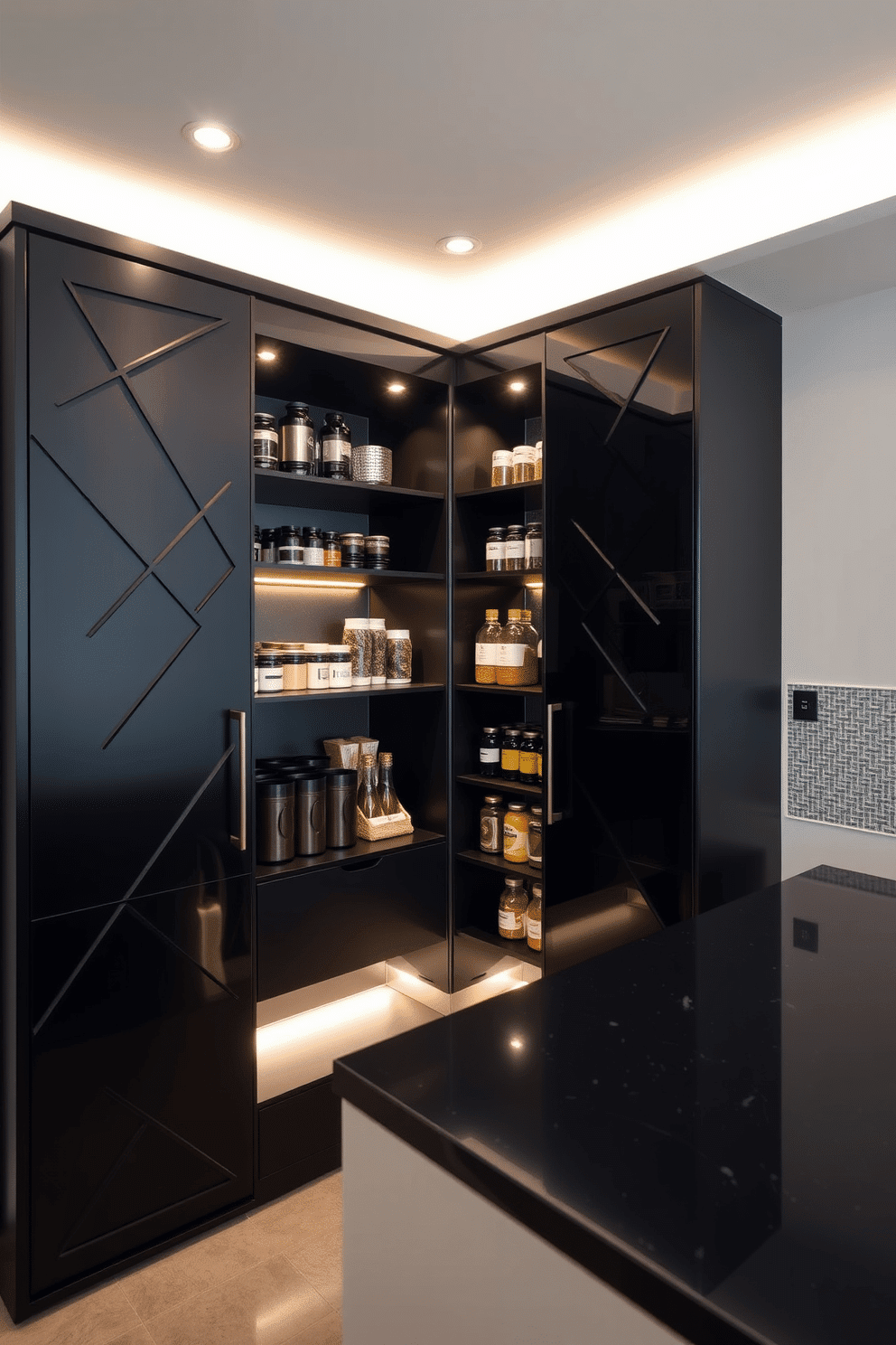 A contemporary black pantry featuring sleek cabinetry adorned with geometric patterns that create a striking visual effect. The space is illuminated by recessed lighting, highlighting the modern design elements and providing a warm ambiance. Inside, open shelving displays an array of stylish containers and gourmet ingredients, blending functionality with aesthetics. A minimalist black countertop complements the cabinetry, while a patterned backsplash adds a touch of sophistication to the overall look.