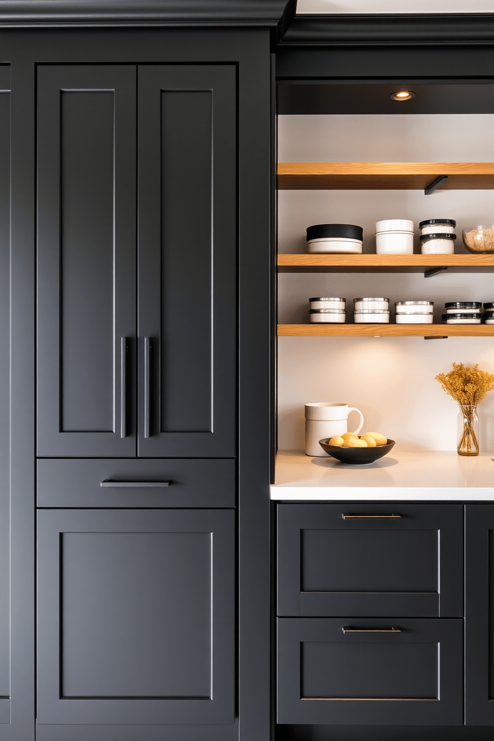 Chic black cabinetry with matte finishes creates a striking contrast against light-colored walls, adding a modern touch to any kitchen. The sleek lines and minimalist hardware enhance the sophisticated aesthetic, making the space feel both elegant and functional. For a black pantry design, consider incorporating open shelving to showcase stylish containers and ingredients. The combination of black cabinetry and warm wood accents creates a welcoming atmosphere while maintaining a contemporary vibe.