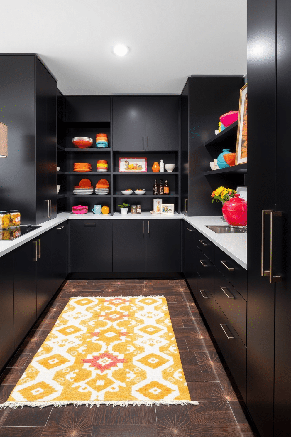 A bold black pantry stands out with sleek cabinetry, featuring matte finishes that exude sophistication. Colorful decor accents, such as vibrant dishware and eye-catching artwork, bring warmth and personality to the space. The pantry's shelves are neatly organized, showcasing a mix of culinary essentials and decorative items. A stylish rug in a bright pattern adds a playful touch to the floor, enhancing the overall aesthetic.