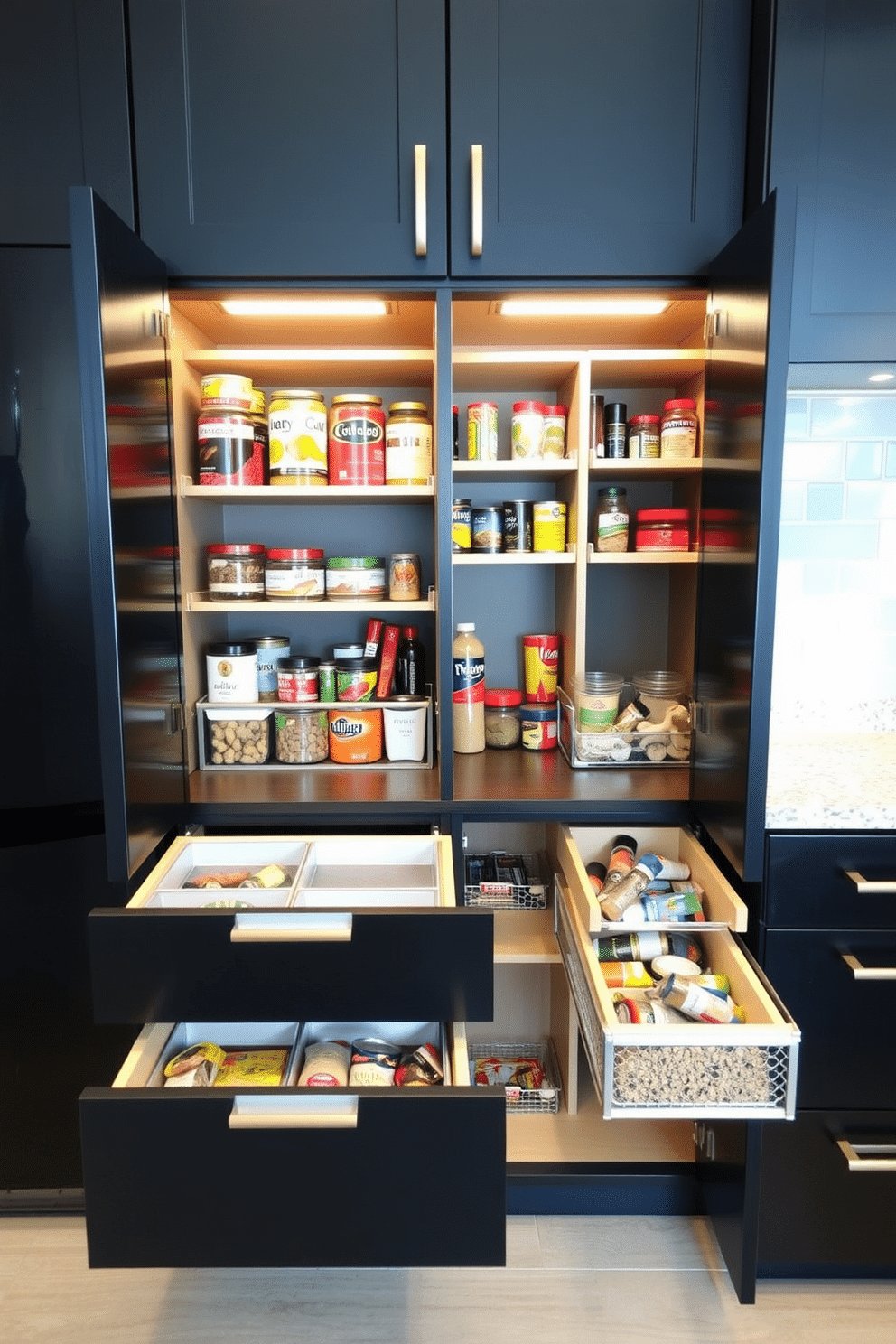 A functional black pantry with sleek pull-out drawers offers both style and efficiency. The cabinetry features a matte black finish, complemented by modern brushed nickel handles for a contemporary touch. Inside, the pull-out drawers are organized for maximum storage, housing everything from canned goods to spices. Soft LED lighting illuminates the interior, making it easy to find ingredients at a glance.