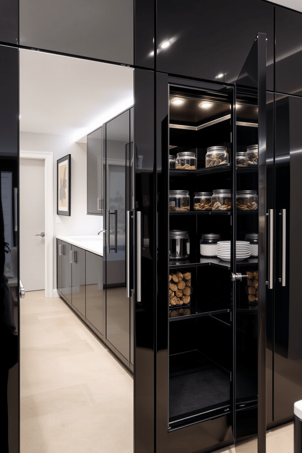 A sophisticated black pantry with mirrored doors creates an elegant and modern storage solution. The sleek black cabinetry is complemented by polished chrome handles, enhancing the overall luxurious feel of the space. Inside, the pantry features open shelving for easy access to ingredients and stylish glass jars that add a touch of organization. Soft LED lighting illuminates the mirrored surfaces, reflecting the chic design and making the space feel larger and more inviting.