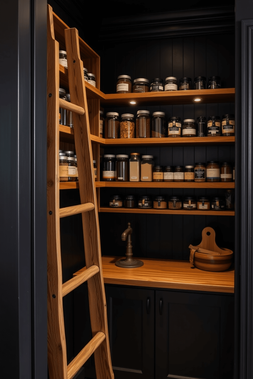 A cozy black pantry featuring warm wood tones creates an inviting atmosphere. The walls are painted in a deep matte black, complemented by rich wooden shelves that display an array of jars and spices. Soft, ambient lighting illuminates the space, highlighting the natural grain of the wood. A rustic wooden ladder leans against the shelves, providing access to the upper storage areas while adding character to the design.