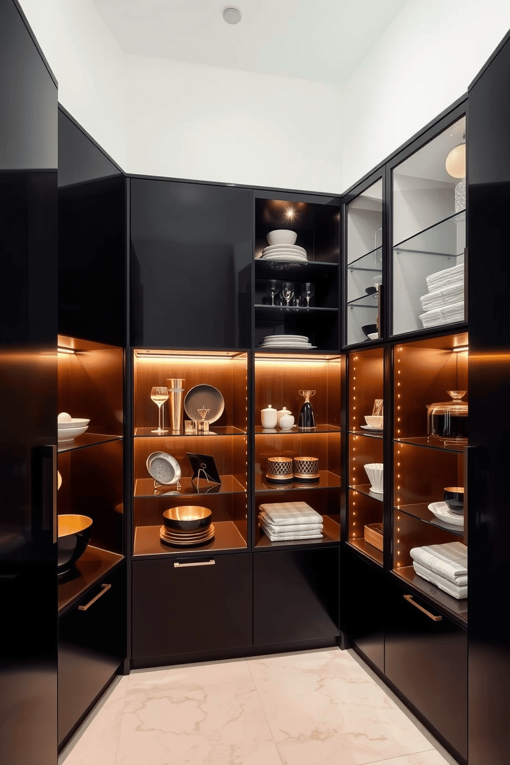 A modern pantry featuring sleek black cabinetry with open display sections, showcasing a curated selection of stylish kitchenware and decorative items. The design emphasizes functionality while maintaining an elegant aesthetic, complemented by warm lighting that highlights the textures and colors of the displayed pieces.