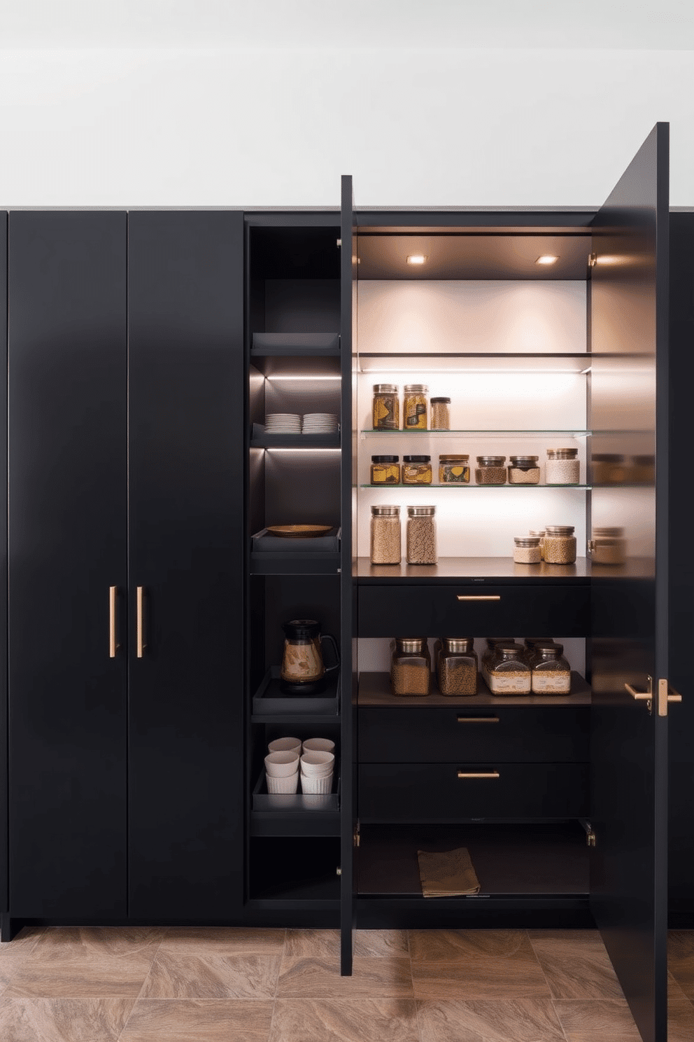 A sleek black pantry features hidden compartments that seamlessly blend into the cabinetry, providing a clean and modern aesthetic. The interior is organized with pull-out shelves and clever storage solutions, making efficient use of space while maintaining a minimalist look. The pantry doors are finished with a matte black surface, accented by elegant brass handles that add a touch of sophistication. Soft LED lighting illuminates the interior, highlighting the neatly arranged jars and containers that enhance both functionality and style.