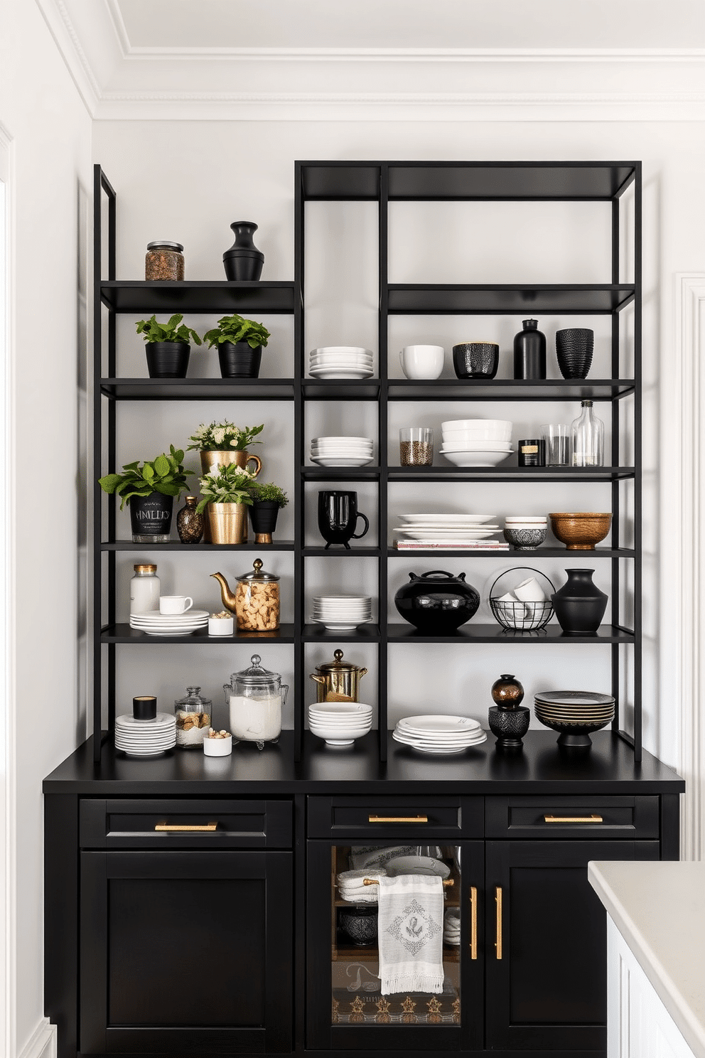 Open shelving with black frames creates a striking contrast against a light-colored wall, showcasing an array of curated kitchenware and decorative items. The shelves are styled with potted herbs, artisanal jars, and elegant dishware, enhancing both functionality and aesthetic appeal. For a black pantry design, consider sleek cabinetry with matte black finishes that seamlessly blend into the surrounding walls. Accentuate the space with gold or brass hardware and integrated lighting to highlight the pantry's contents while adding a touch of luxury.