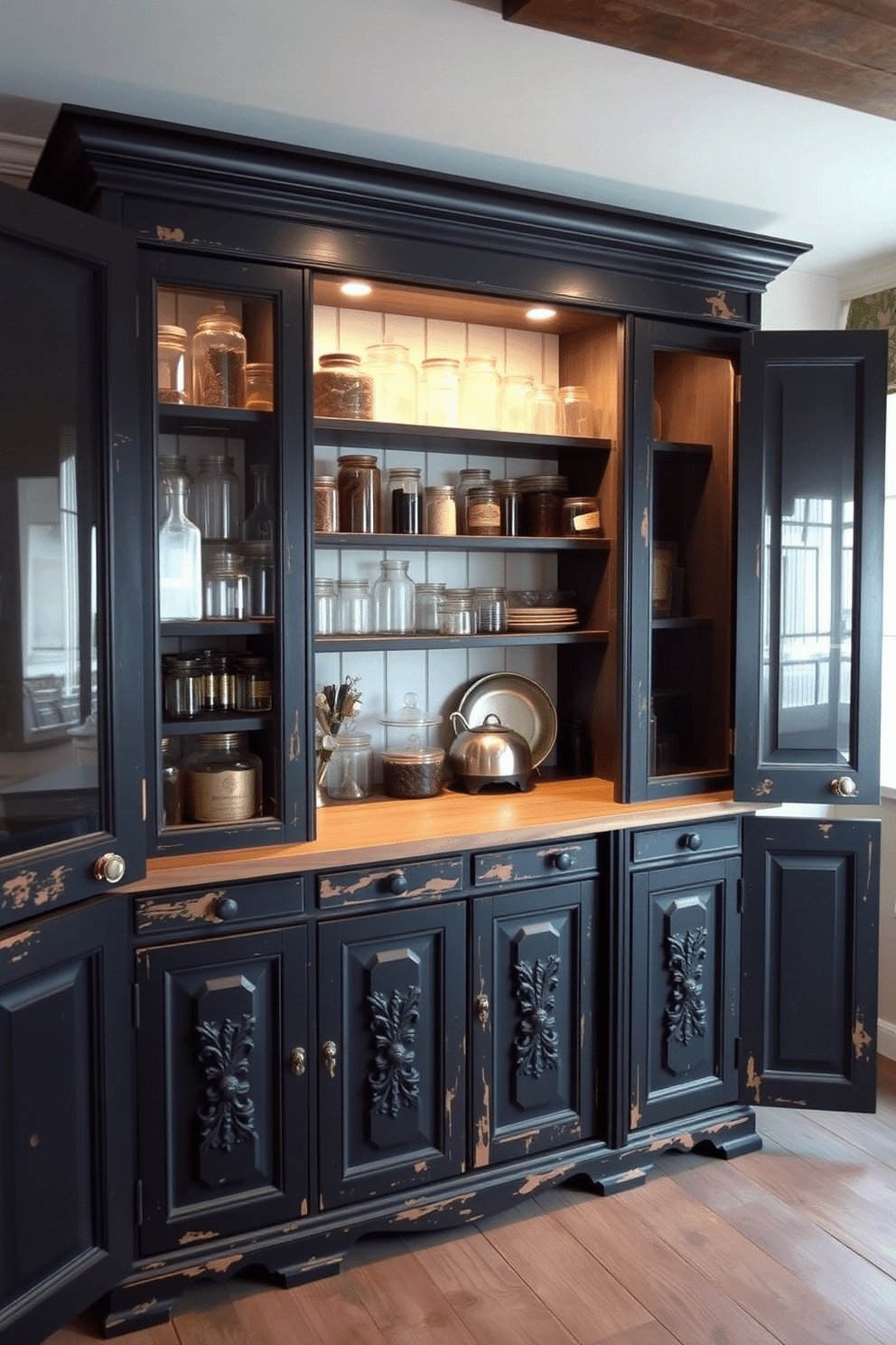 A vintage-inspired black pantry with distressed finishes showcases a charming blend of rustic elegance and functionality. The shelves are lined with an array of antique glass jars, while a weathered wooden countertop adds warmth to the space. The pantry doors feature intricate carvings and a matte black finish, enhancing the vintage aesthetic. Soft, ambient lighting illuminates the pantry, highlighting the textures of the distressed wood and the curated collection of vintage kitchenware.