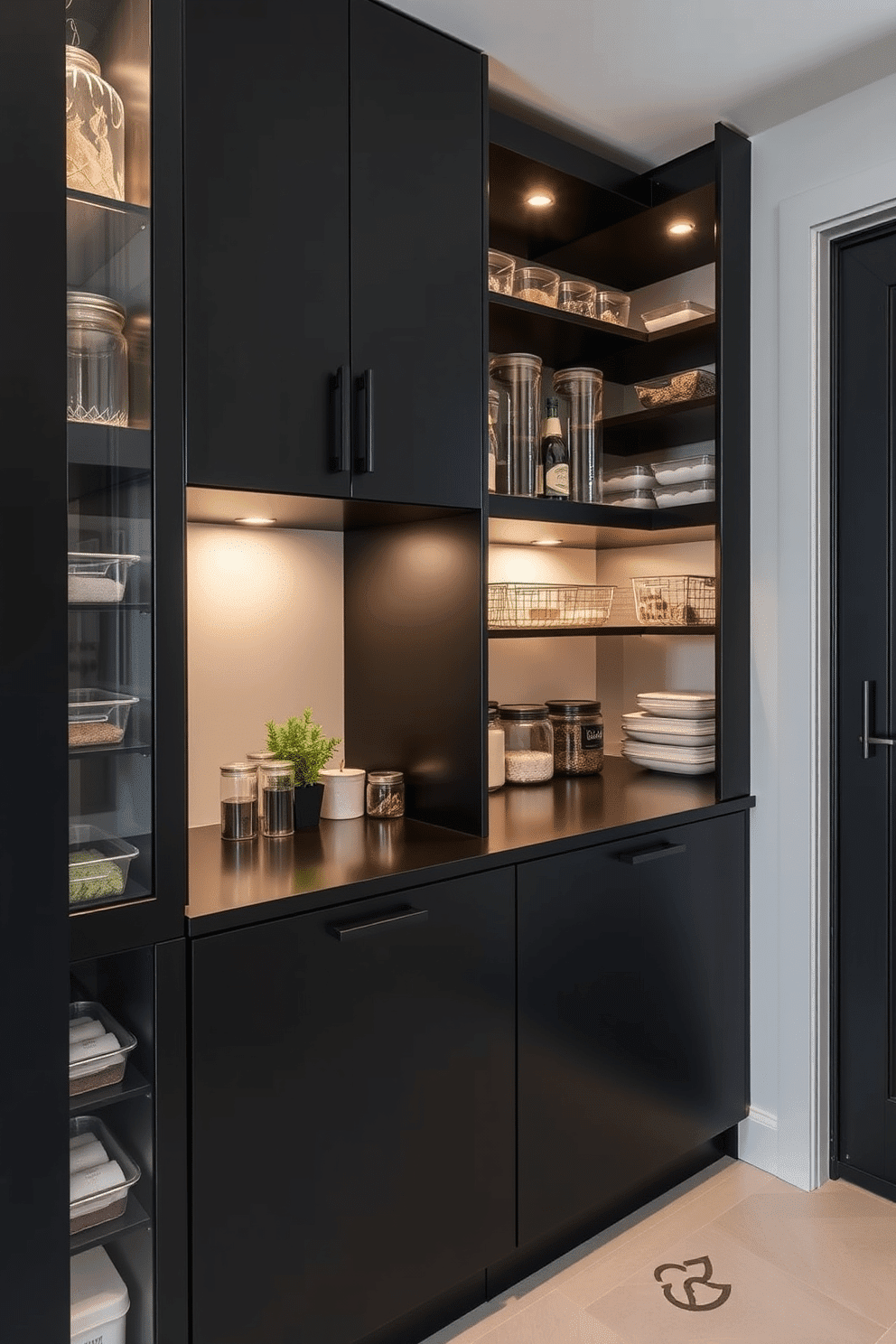 A compact black pantry designed for small spaces features sleek, matte black cabinetry that maximizes storage without overwhelming the room. The interior is organized with pull-out shelves and clear containers, ensuring easy access to ingredients while maintaining a minimalist aesthetic. The pantry includes integrated lighting that highlights the black surfaces and adds a warm ambiance. Decorative elements, such as a small herb garden on the countertop and stylish jars, enhance the functionality and charm of the space.