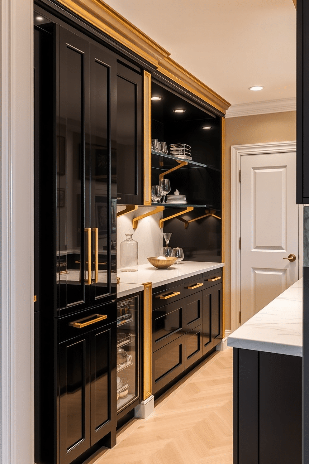 A luxurious black pantry with gold trim features sleek cabinetry that showcases a high-gloss finish, creating a striking contrast against the warm tones of the surrounding kitchen. Elegant gold hardware adorns the cabinets, while a spacious marble countertop provides ample space for food preparation and display. The pantry is illuminated by recessed lighting that highlights the sophisticated design, casting a warm glow over the rich black surfaces. Open shelving made of glass and gold brackets displays curated kitchenware, adding a touch of glamour and functionality to the space.