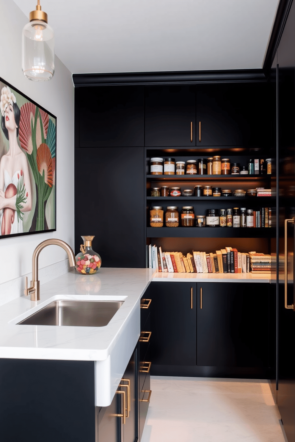 A striking black pantry features sleek cabinetry with a matte finish, complemented by unique wall art that adds a splash of personality. The space is illuminated by warm pendant lighting, highlighting the pantry's organized shelves filled with artisanal jars and beautifully arranged cookbooks.