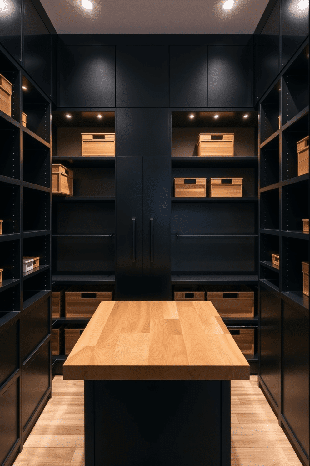 A modern pantry design featuring a striking combination of black cabinetry and natural wood accents. The sleek black shelves are complemented by warm wooden storage bins, creating a stylish yet functional space. The pantry is illuminated by soft, recessed lighting that highlights the contrast between the dark and light elements. A large wooden island in the center serves as both a preparation area and a casual dining spot, enhancing the trendy aesthetic.