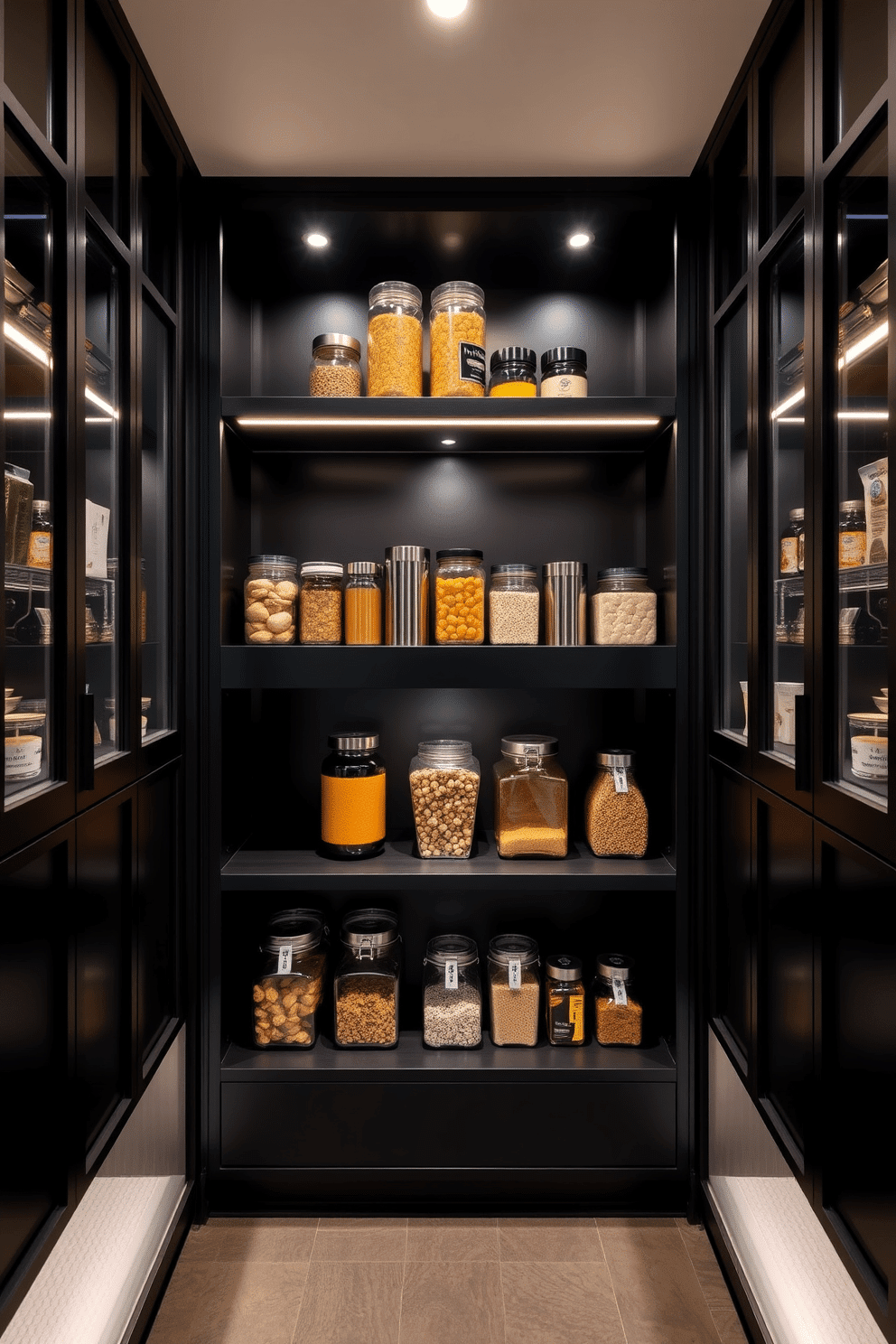 A sleek black pantry design featuring innovative foldable shelves that maximize storage while maintaining a minimalist aesthetic. The pantry is equipped with integrated lighting that highlights the organized space, showcasing neatly arranged jars and containers.