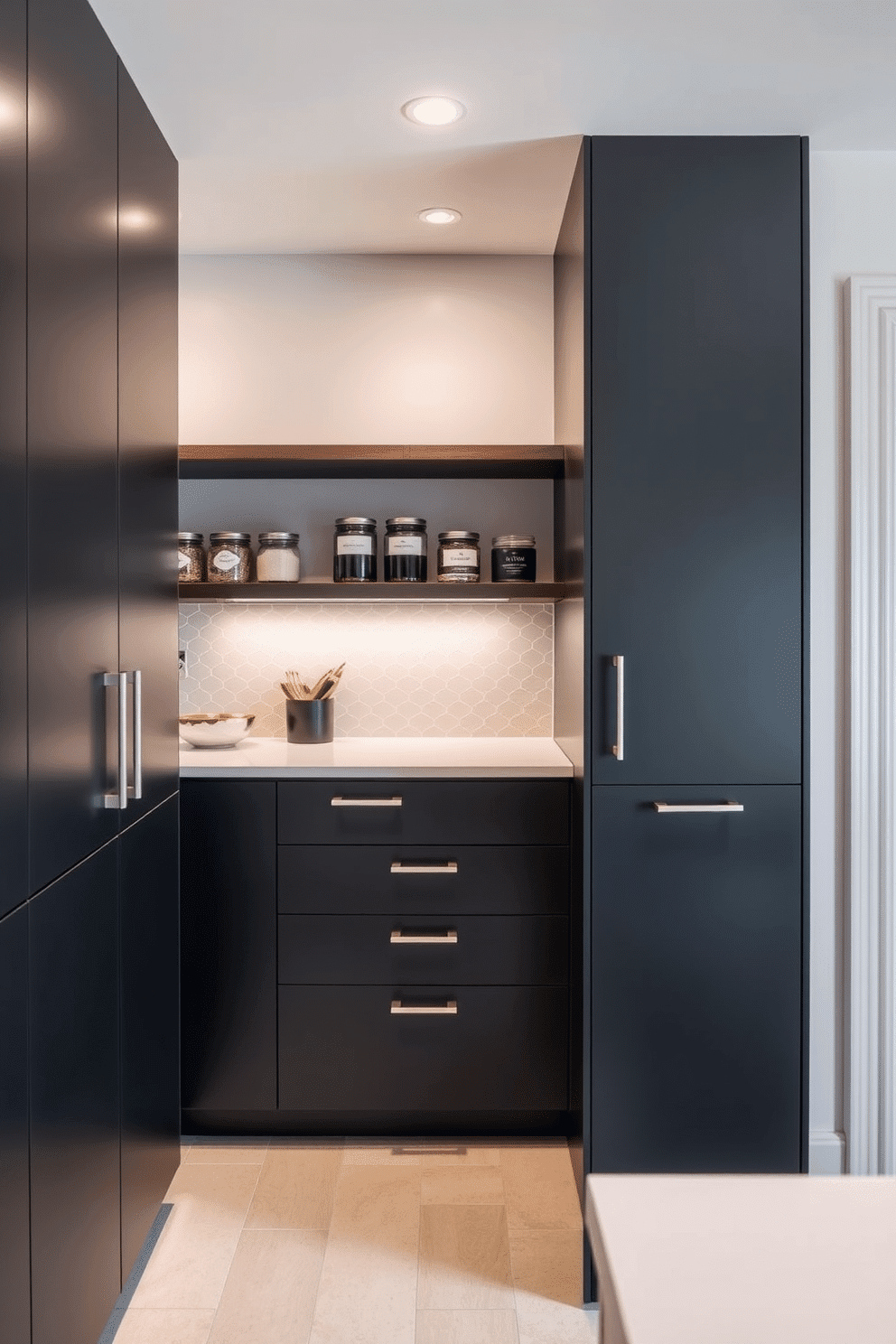 A modern black pantry with sleek lines features minimalist cabinetry that seamlessly integrates with the surrounding kitchen decor. The space is illuminated by recessed lighting, highlighting the smooth surfaces and providing a contemporary feel. Open shelving made of dark wood showcases stylish jars and kitchen essentials, while a contrasting white countertop adds a touch of elegance. A subtle backsplash in a geometric pattern enhances the visual interest without overwhelming the clean design.