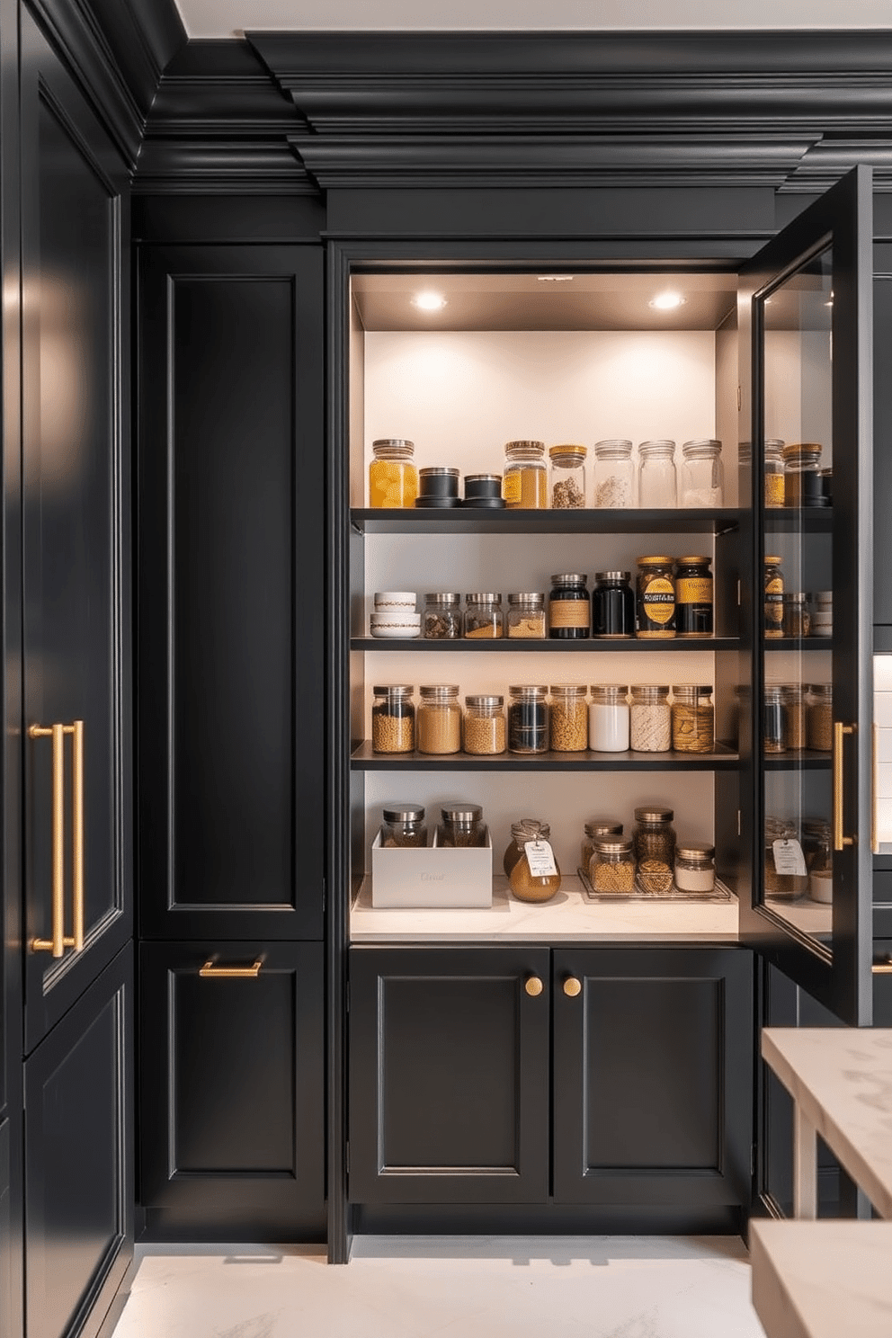 A classic black pantry features elegant crown molding that adds a touch of sophistication. The cabinetry is sleek and modern, with matte black finishes and brushed gold hardware for a stylish contrast. Inside, the pantry is organized with open shelving that displays neatly arranged jars and containers. Soft, ambient lighting highlights the contents, creating an inviting atmosphere for culinary creativity.