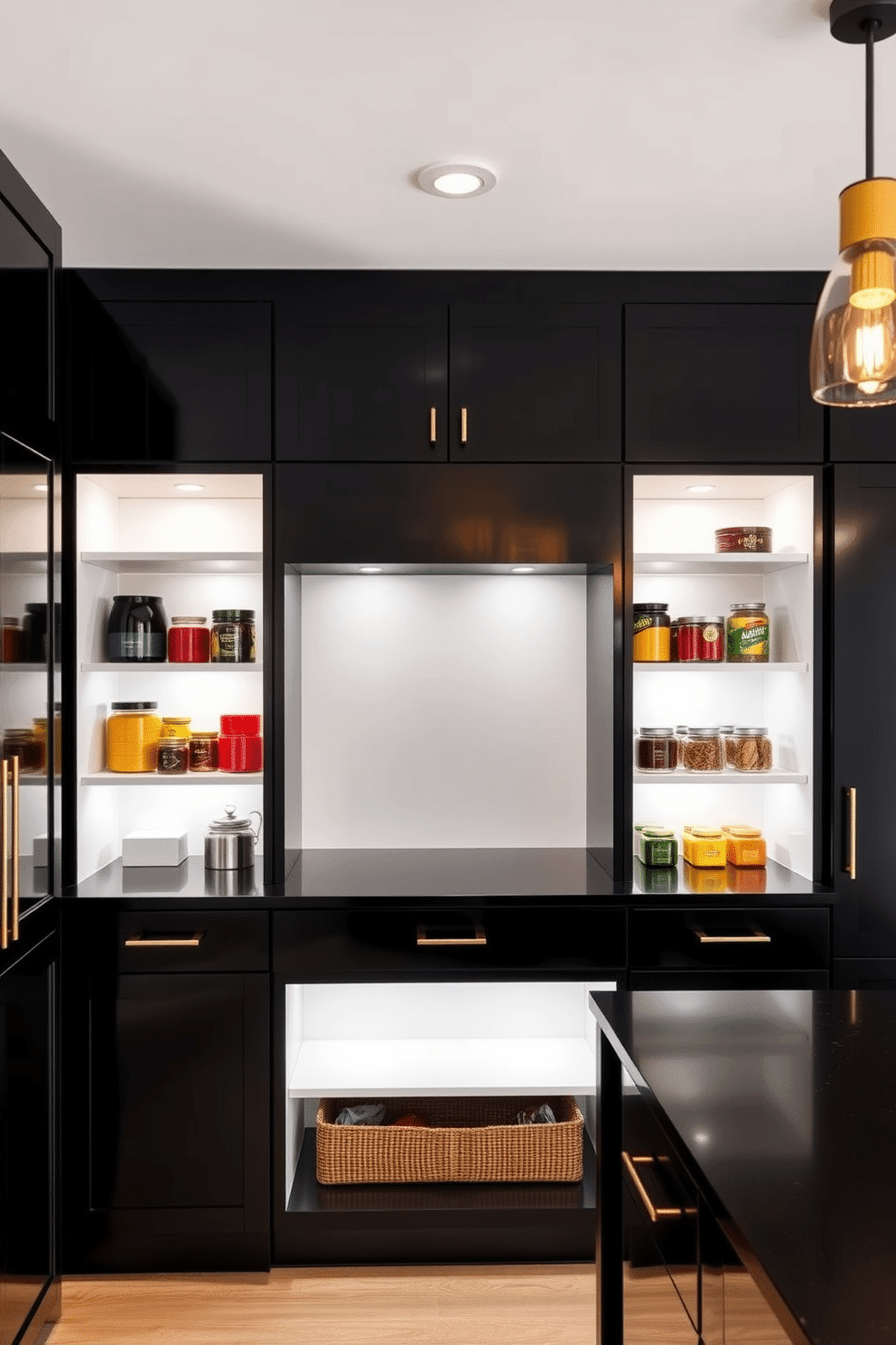 A bold black pantry features sleek cabinetry with contrasting white shelves that create a striking visual impact. The space is illuminated by warm pendant lights, enhancing the modern aesthetic while providing functional storage solutions. Inside, the pantry showcases organized compartments filled with colorful jars and containers, adding a pop of color against the dark backdrop. A stylish black countertop complements the cabinetry, providing ample space for meal prep and display.