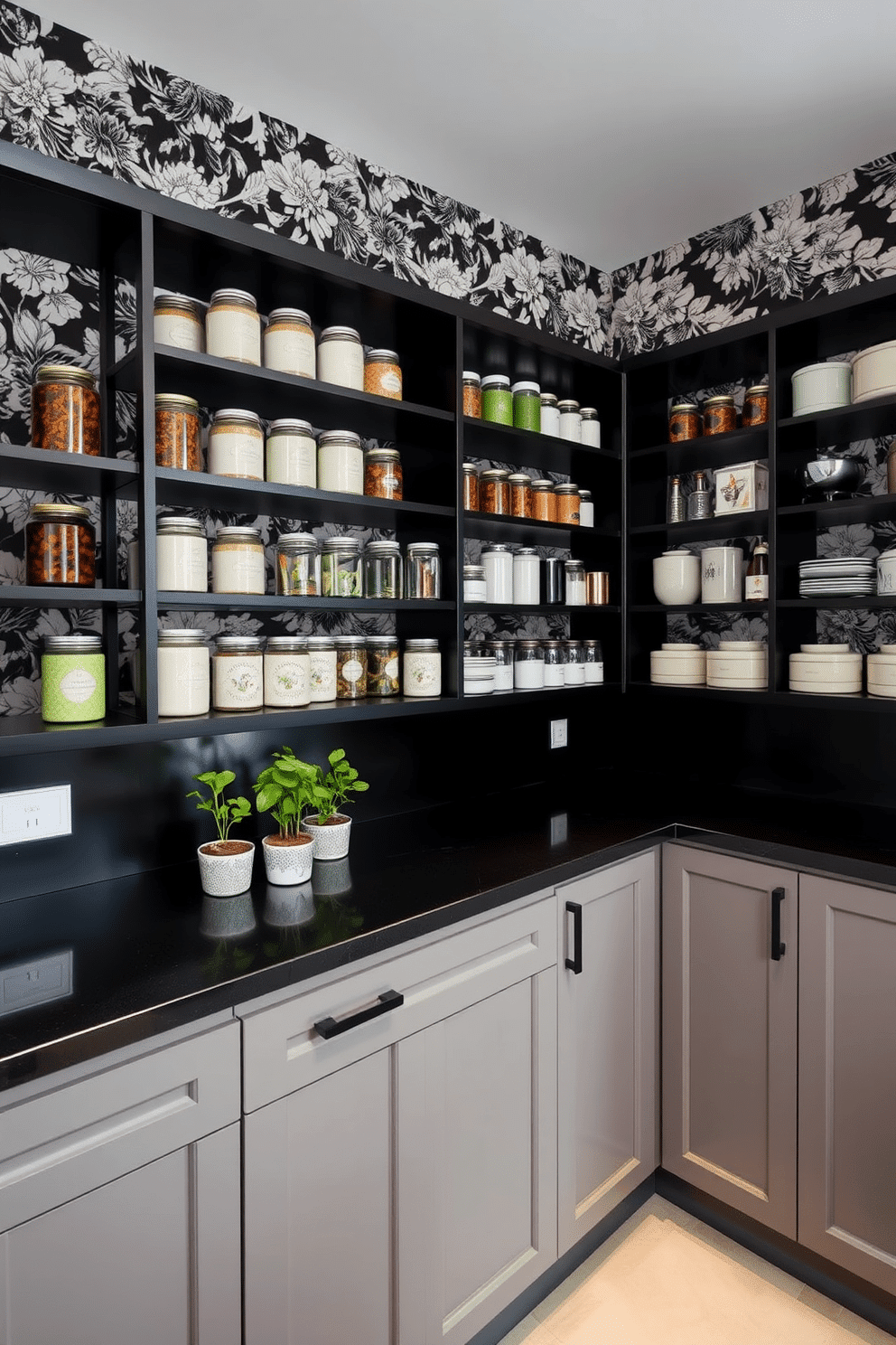 A chic black pantry adorned with intricate floral wallpaper creates a striking contrast. The shelves are neatly organized, showcasing an array of jars and containers that complement the elegant design. The pantry features a sleek black countertop with a small herb garden growing in decorative pots. Soft lighting highlights the floral patterns, adding warmth and charm to the sophisticated space.