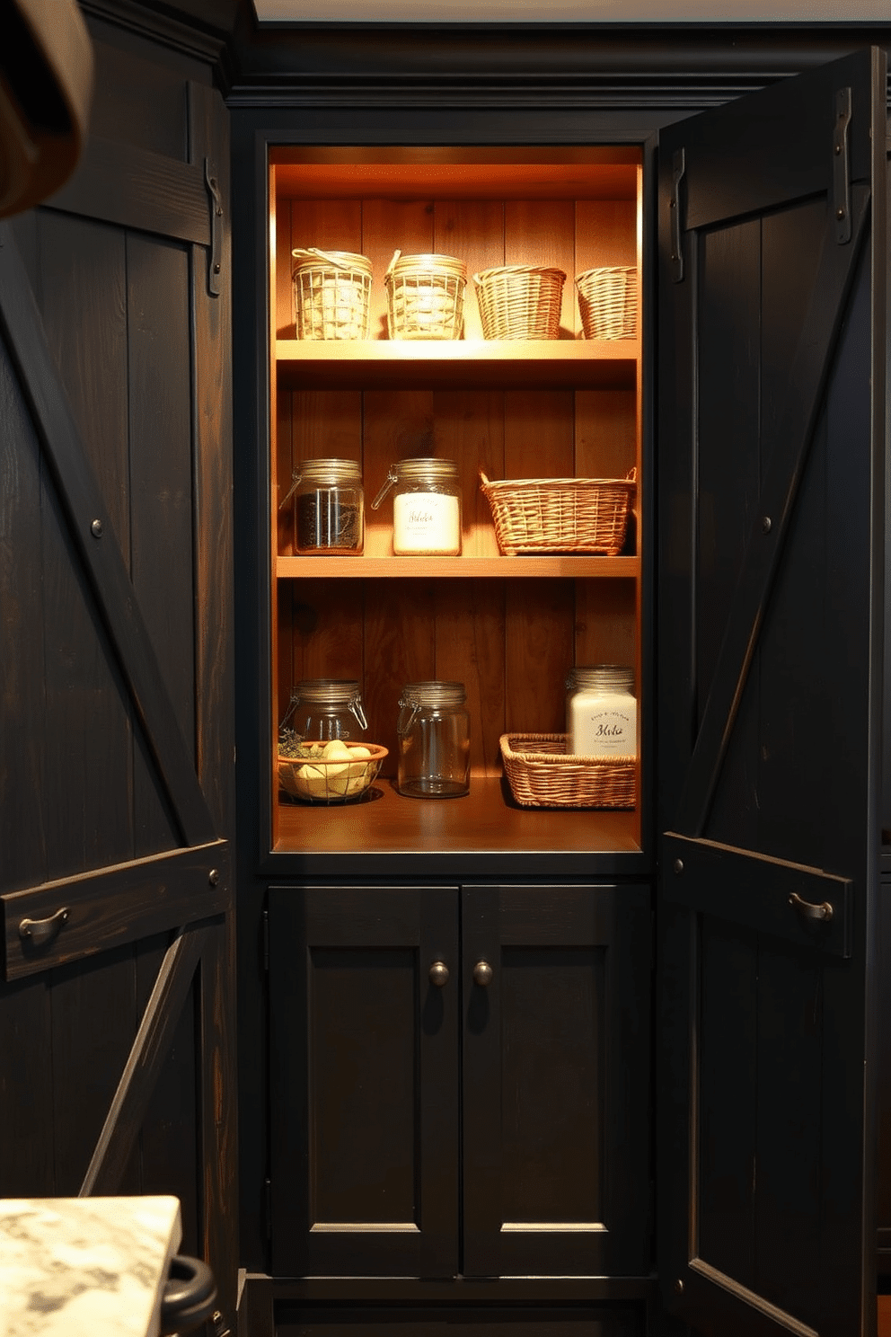 A rustic pantry featuring black wood cabinets with barn doors creates a warm and inviting atmosphere. The cabinets are adorned with wrought iron handles, and the interior is organized with wooden shelves displaying jars and baskets for a charming, farmhouse feel.