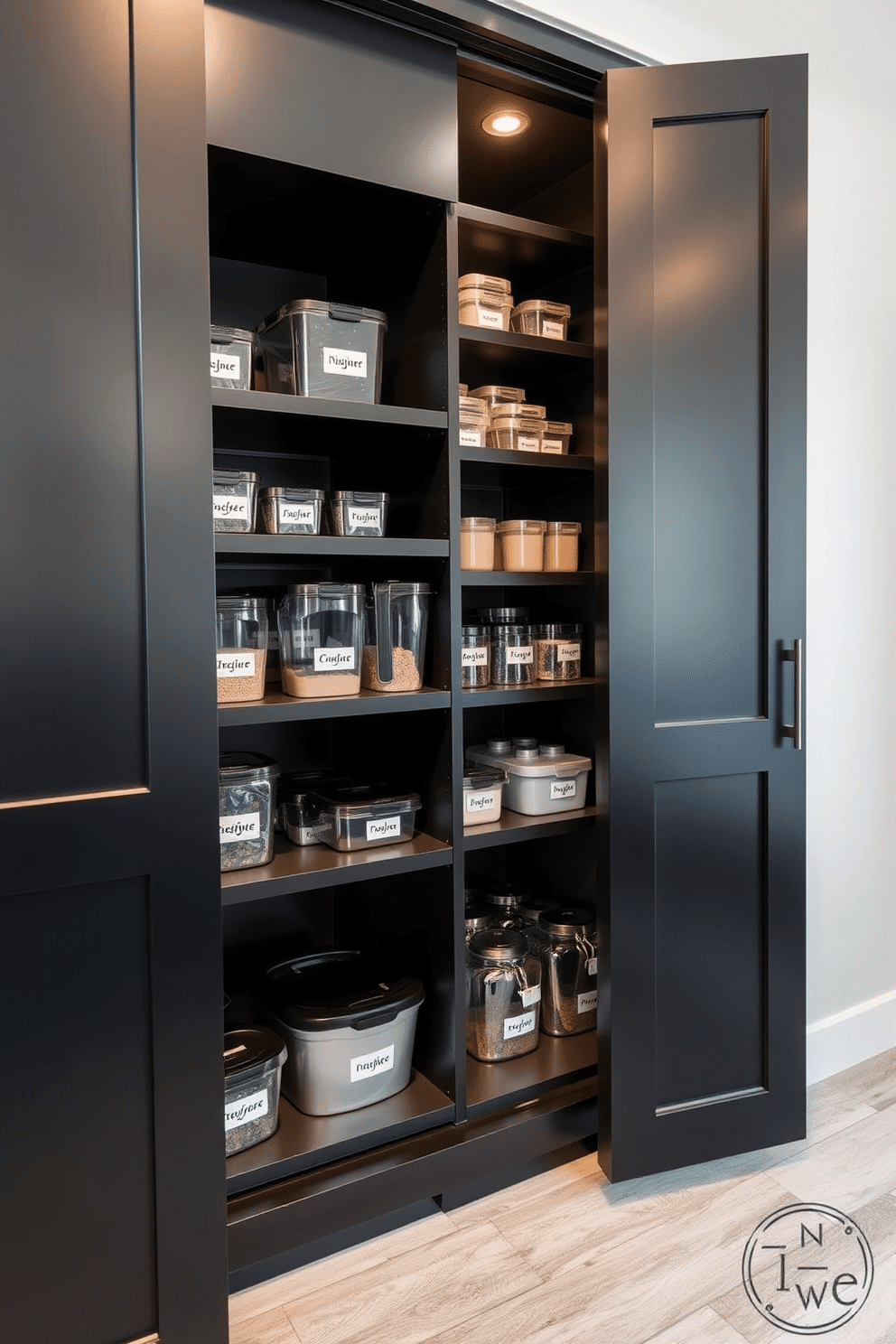 A functional black pantry features sleek cabinetry with matte black finishes, providing a modern and sophisticated look. Inside, labeled containers in various sizes are neatly organized on open shelves, ensuring easy access and a clutter-free space.