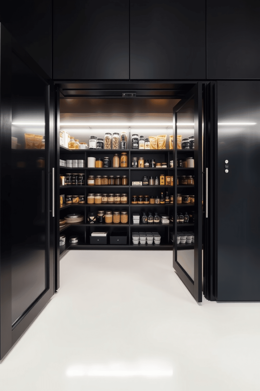 A minimalist black pantry features sleek glass doors that allow for a glimpse of the organized interior. Inside, open shelving displays neatly arranged jars and containers, while a subtle LED strip light illuminates the space, enhancing its modern aesthetic.