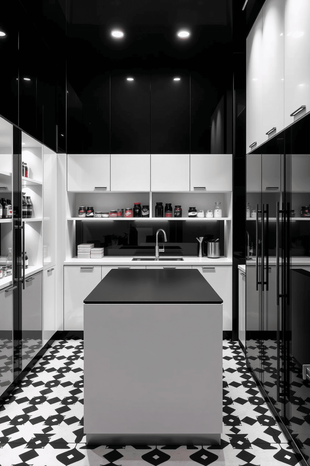 A striking black and white pantry design featuring sleek cabinetry with a high-gloss finish. The space is accentuated by contrasting white shelving, showcasing neatly organized jars and culinary essentials. A large, minimalist island sits at the center, topped with a matte black surface that complements the cabinetry. Ambient lighting illuminates the area, highlighting the geometric patterns of the black and white tiles on the floor.