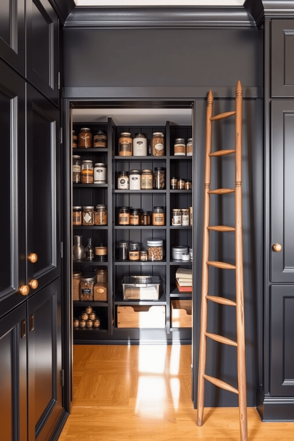 A classic black pantry features elegant vintage hardware, showcasing a timeless design that blends functionality with style. The cabinetry, finished in a deep matte black, is complemented by antique brass knobs and pulls, adding a touch of sophistication. Inside, open shelving displays an array of artisanal jars and spices, while a vintage ladder leans against the wall for easy access to higher shelves. The warm wooden floor contrasts beautifully with the dark cabinetry, creating a cozy yet refined atmosphere.