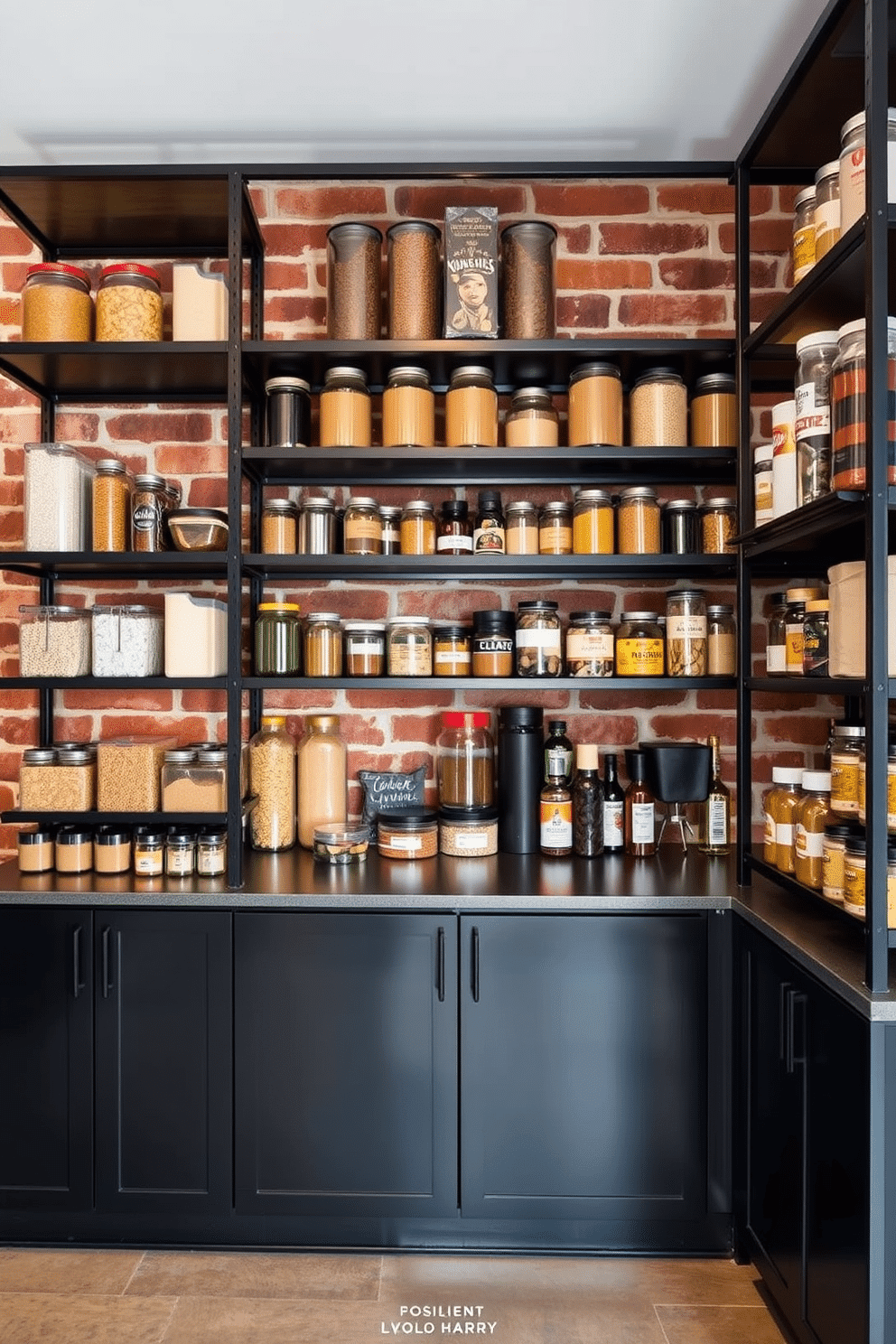 A striking industrial pantry design featuring black metal shelves that seamlessly blend functionality and style. The shelves are filled with an array of organized jars and containers, showcasing a mix of grains, spices, and canned goods, while the backdrop features exposed brick walls for an authentic urban feel. Incorporating sleek black cabinetry beneath the shelves, this pantry offers ample storage space and a modern aesthetic. Accent lighting illuminates the shelves, highlighting the contents and adding warmth to the overall design.