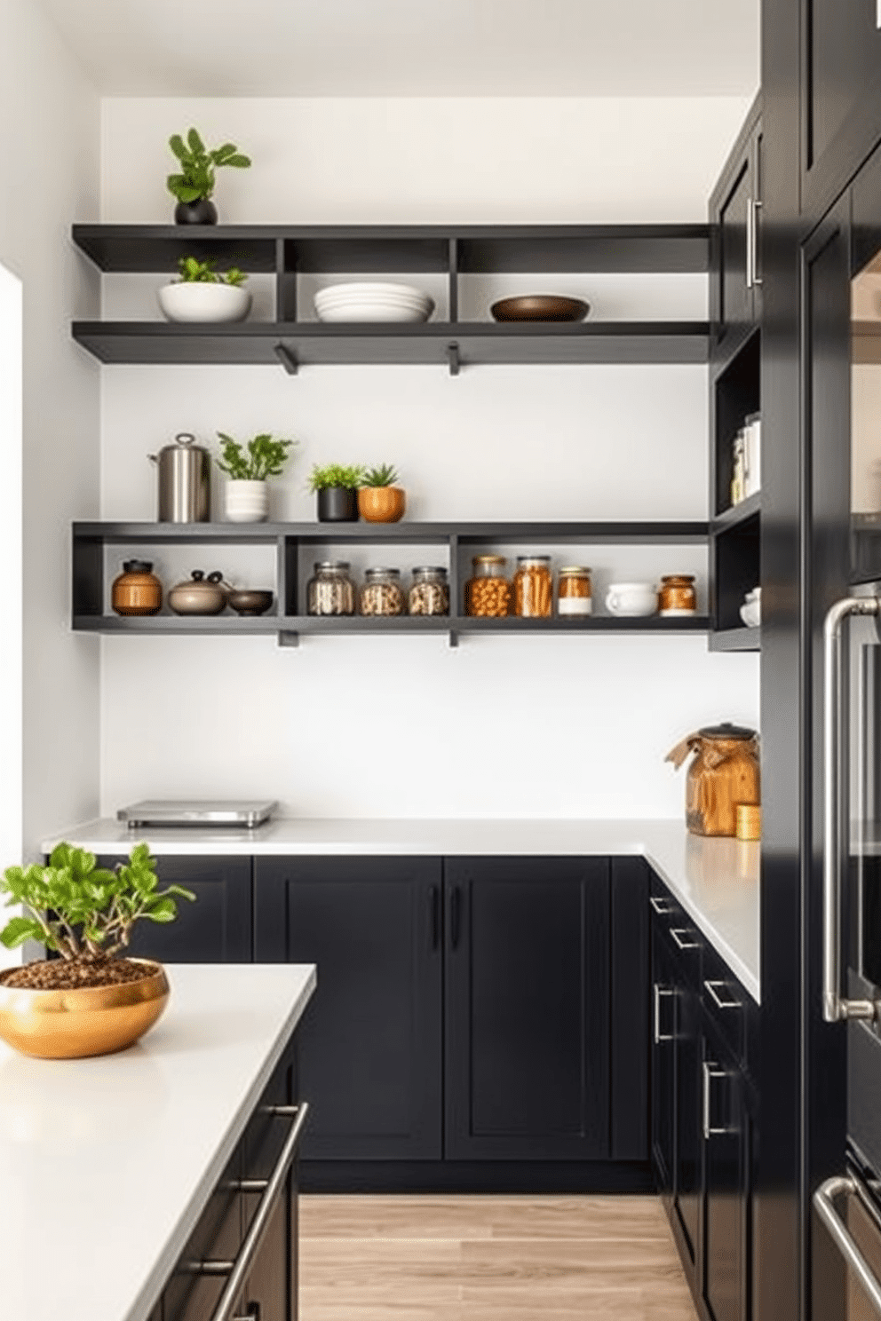 A modern kitchen featuring floating black shelves that create an airy and spacious atmosphere. The shelves are adorned with stylish kitchenware and potted herbs, enhancing both functionality and aesthetics. A sleek pantry design with black cabinetry and open shelving, providing easy access to stored items. The pantry is well-lit, showcasing organized jars and containers, while a small wooden island adds a touch of warmth.