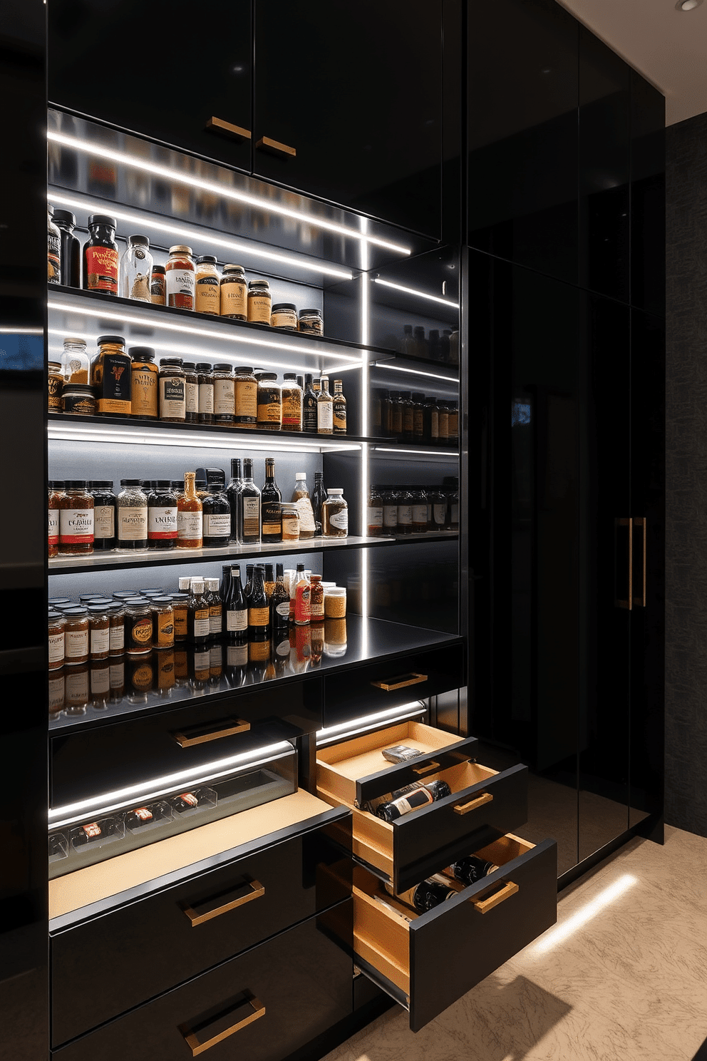 A sleek black pantry with integrated LED lighting illuminates the space, highlighting the glossy finishes of the cabinetry. The shelves are neatly organized, showcasing an array of spices and gourmet ingredients against the backdrop of a dark, textured wall. The pantry features a minimalist design with pull-out drawers for easy access, complemented by stylish brass hardware. A small, built-in wine rack adds a touch of elegance, making it a perfect blend of functionality and sophistication.