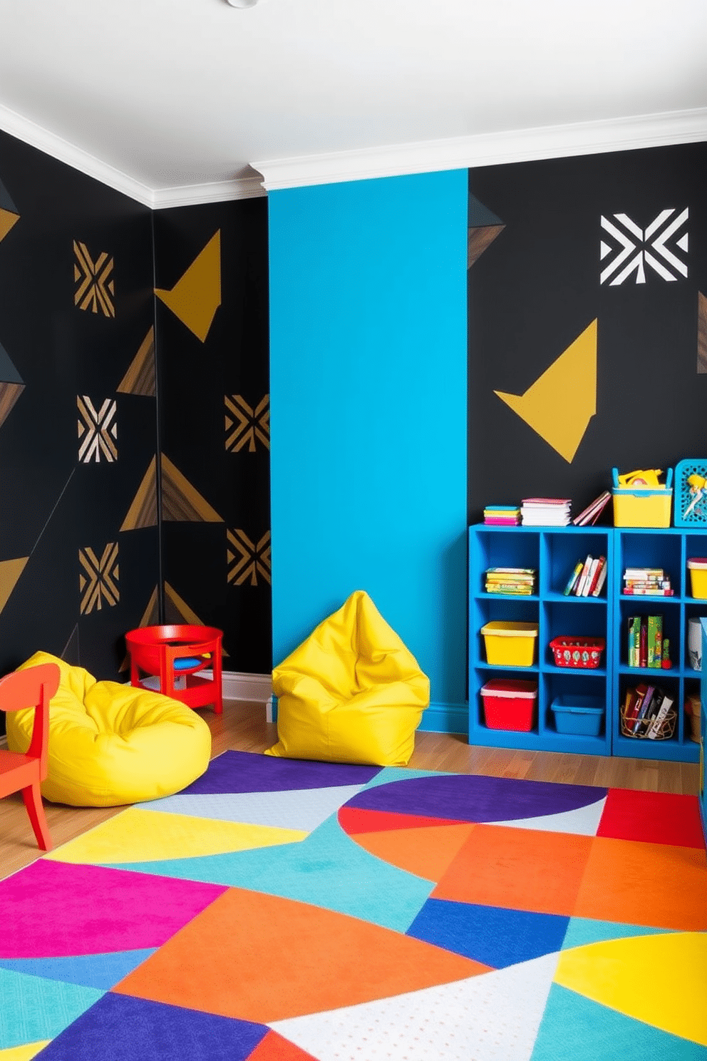 A vibrant playroom featuring bold geometric patterns on black walls creates a striking visual impact. The space is filled with colorful furniture, including a bright yellow bean bag and a blue shelving unit, enhancing the playful atmosphere. A large area rug with contrasting shapes adds warmth and comfort underfoot. Brightly colored art supplies and toys are neatly organized, inviting creativity and fun in this dynamic environment.