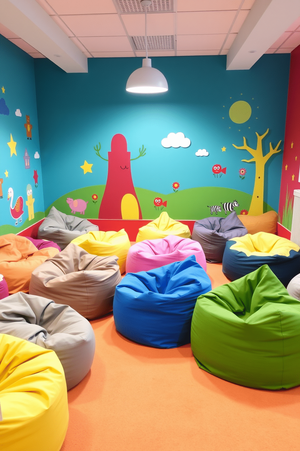 A vibrant playroom filled with playful bean bags in fun shapes, creating an inviting and imaginative atmosphere for children. The walls are painted in bright colors, with whimsical artwork and playful decals that inspire creativity and joy.